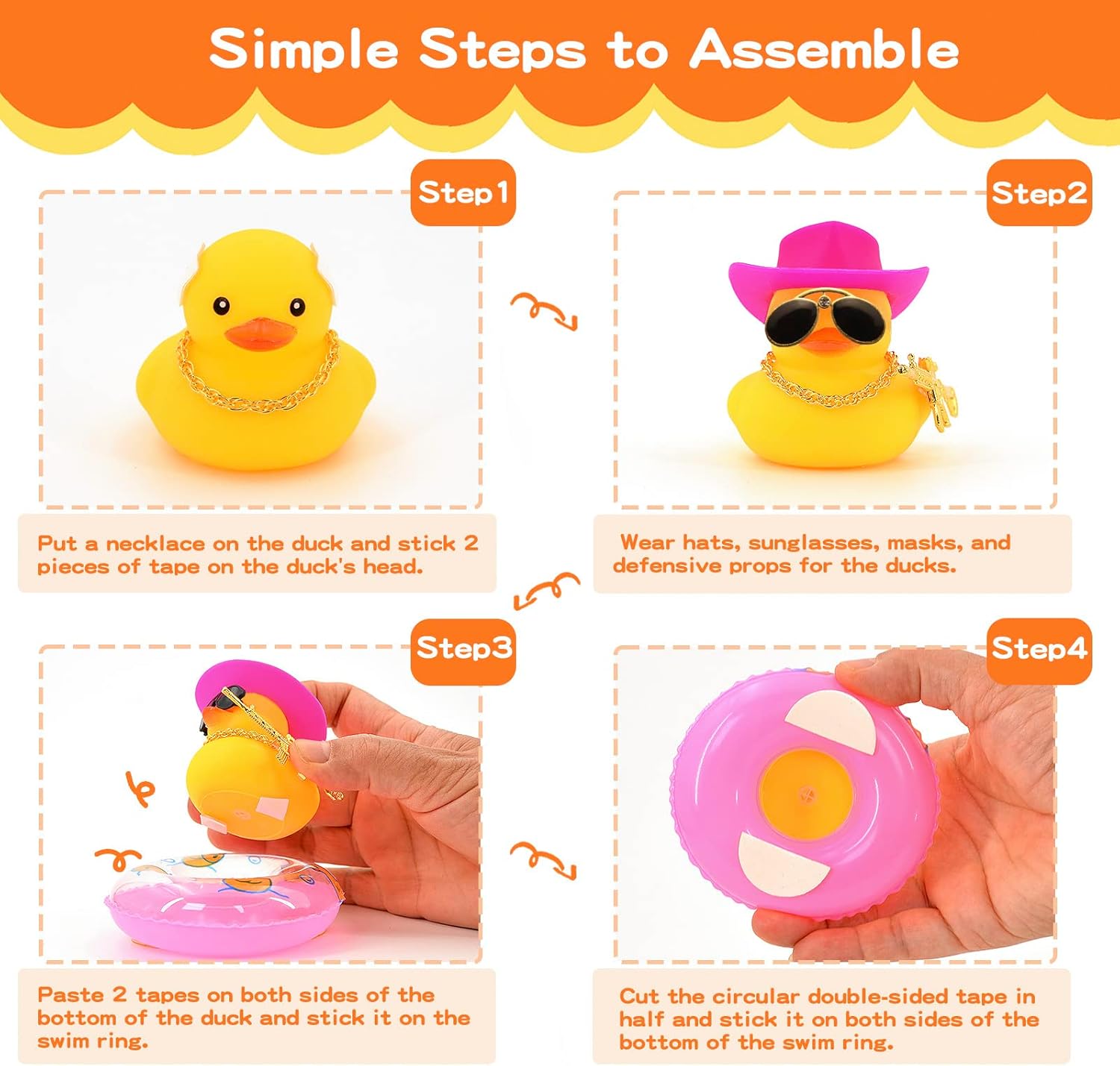 Decoración de pato de goma para automóvil, mini patos de goma con mini sombrero de vaquero, collar de tubo de natación y lentes de sol, accesorios