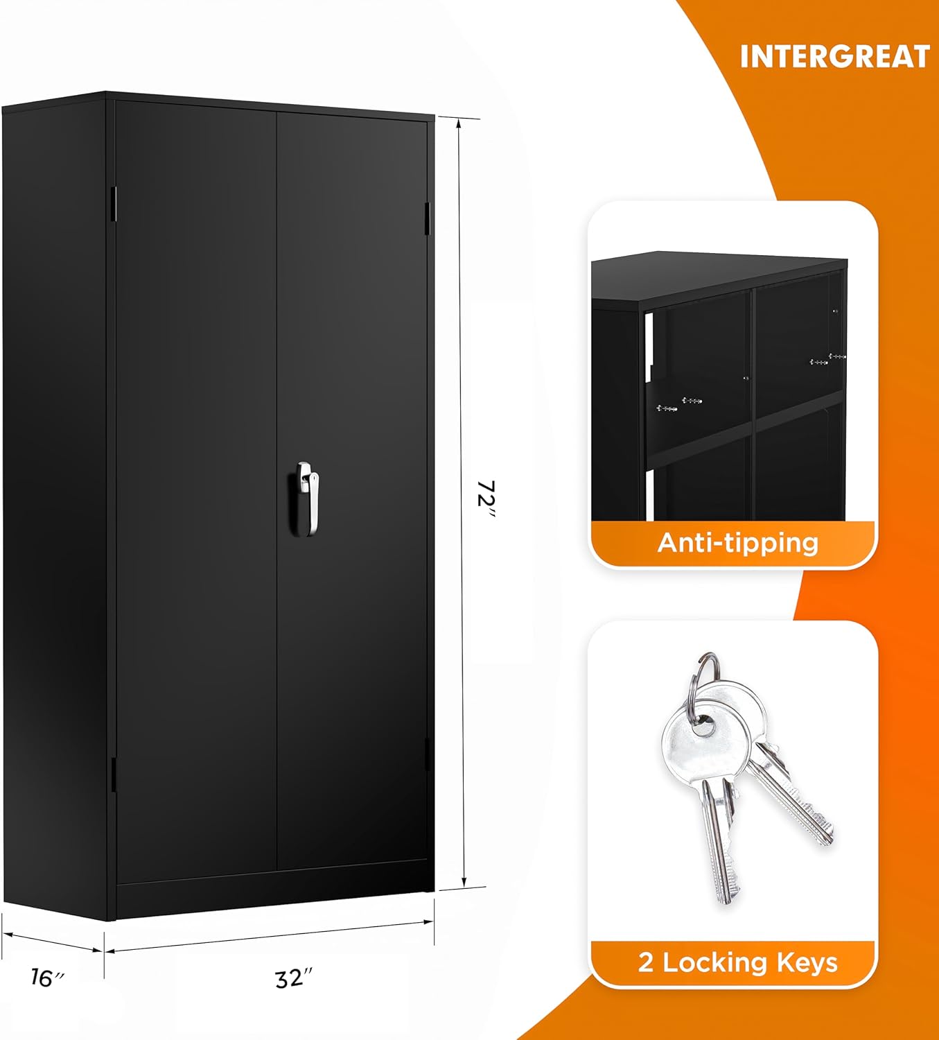 INTERGREAT Armario de almacenamiento de metal para garaje con puertas y estantes de bloqueo, gabinete de herramientas de acero con cerradura negra,