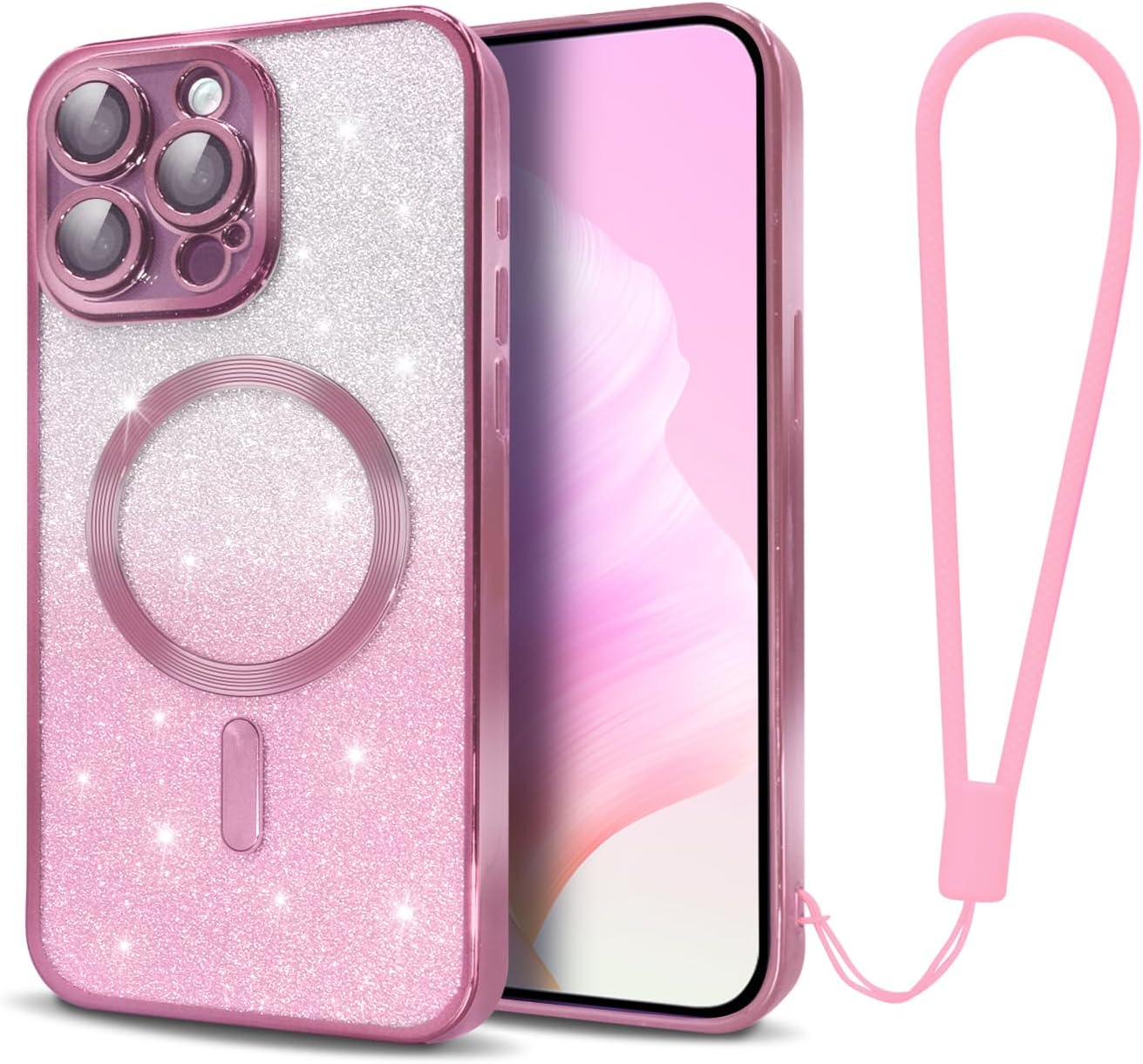 Funda magnética con purpurina para iPhone 15 Pro Max compatible con MagSafe, con protector de lente de cámara y correa de cordón, bonita funda