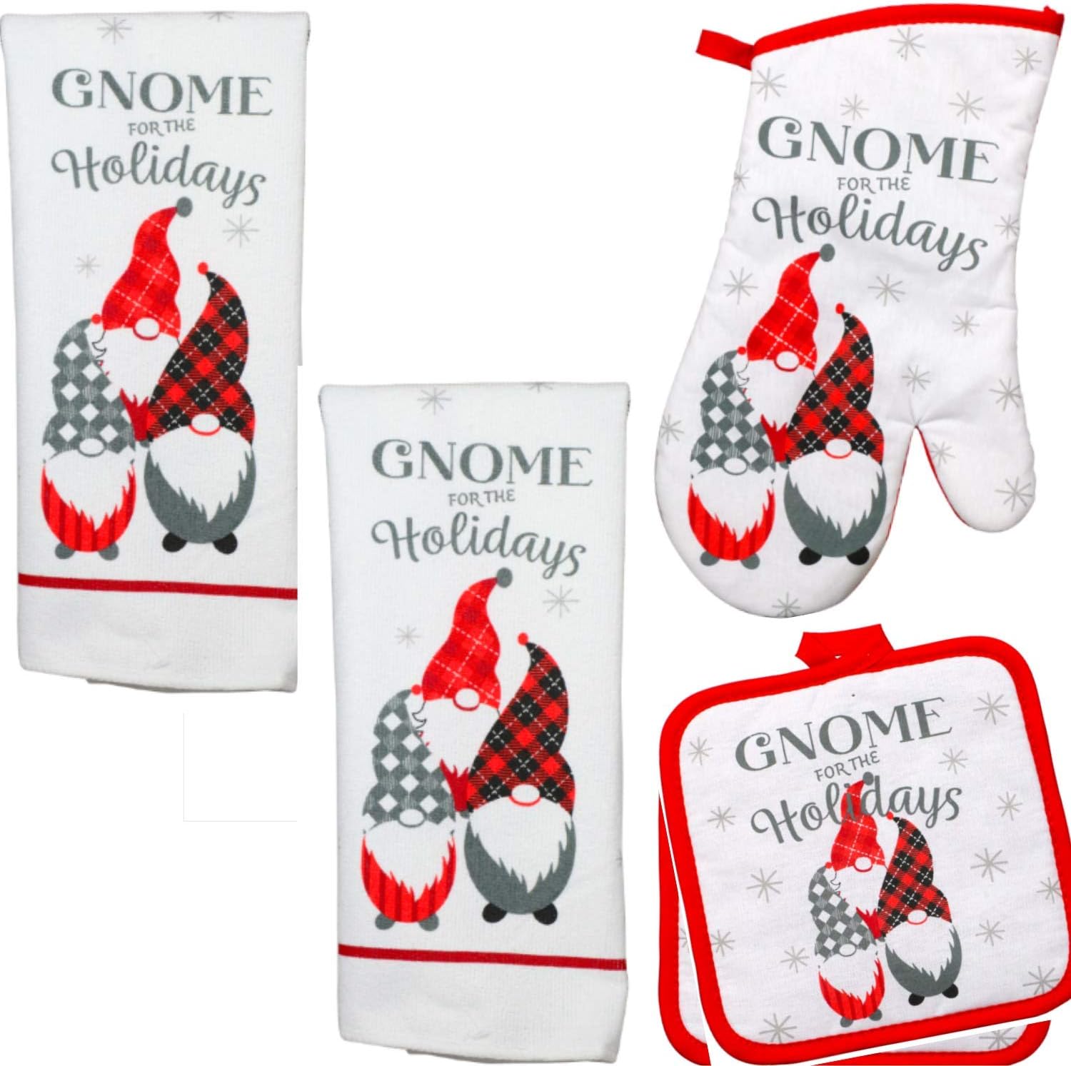 Decoraciones de gnomos – Decoración navideña – Juego de toallas de cocina (5 piezas) Gnomo para las fiestas – Toallas de cocina – Manopla de horno –