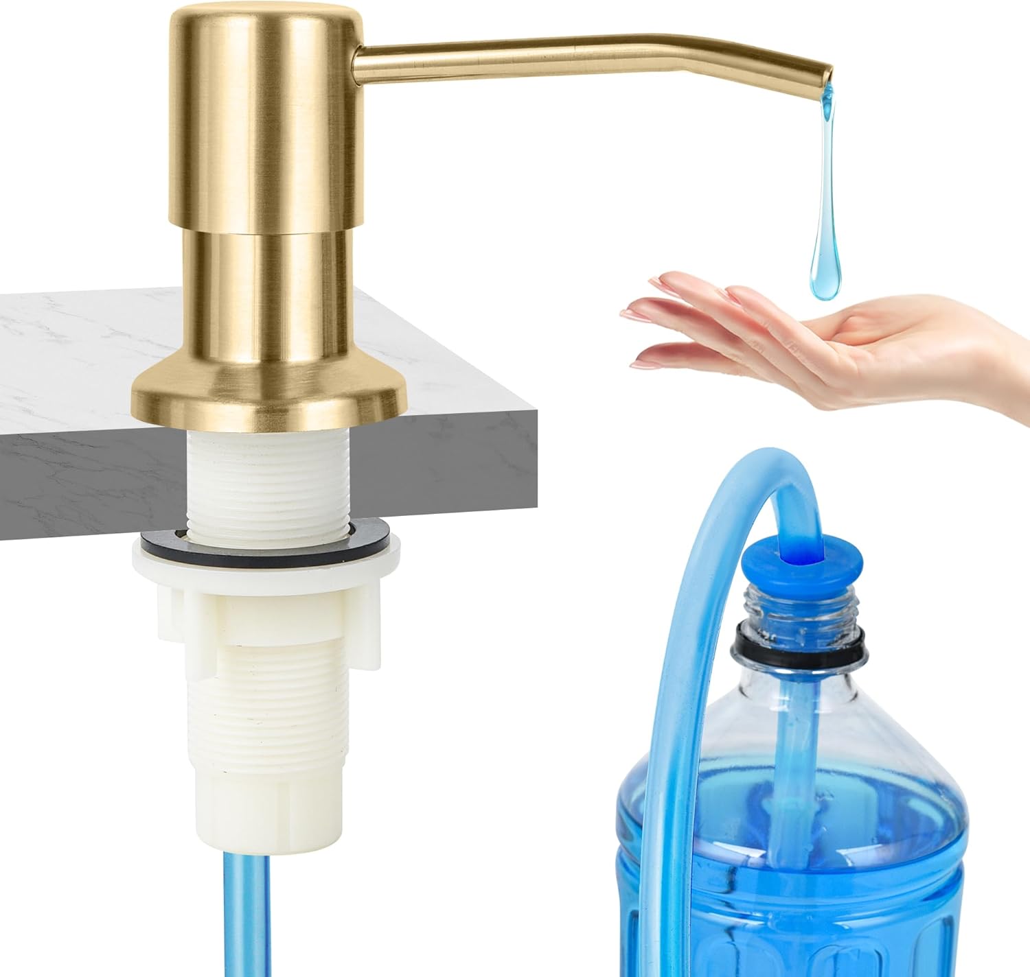 Dispensador de jabón para fregadero de cocina, dispensador de jabón de acero inoxidable cepillado dorado con kit de tubo de extensión de 47 pulgadas