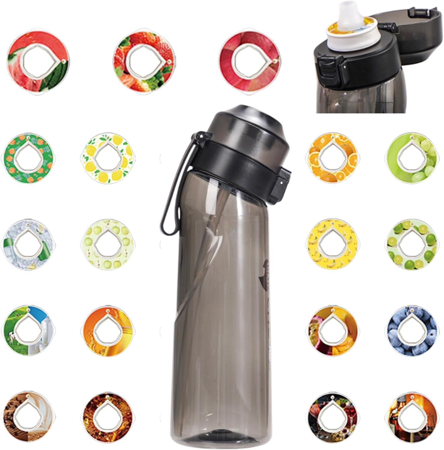 Botella de agua perfumada, botella de agua con cápsulas de sabor, botella de agua para niños en la escuela, botella de agua negra (negro – 1 botella