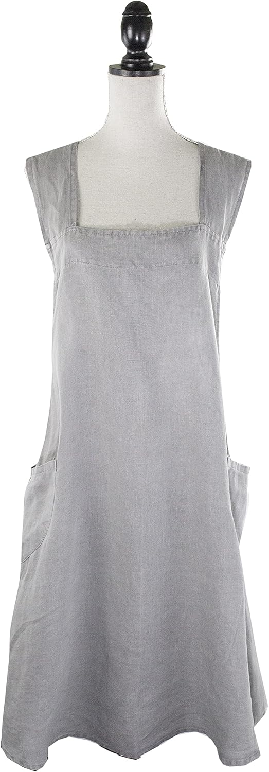 Fennco Styles Delantal de cocina de lino puro 100% con espalda cruzada, Peltre