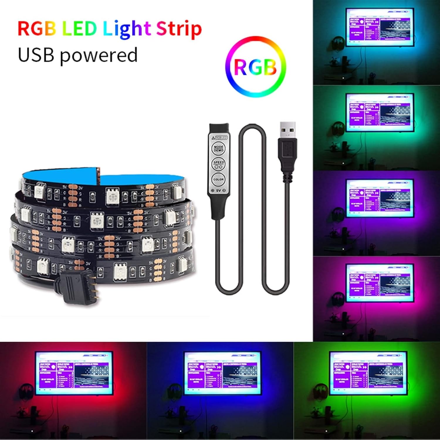 Fengyan – Luces de paisaje de 16.4 ft, tira LED RGB USB 5050, lámpara flexible infrarroja DC5V, luces LED para sala de estar, luz de fondo de TV,