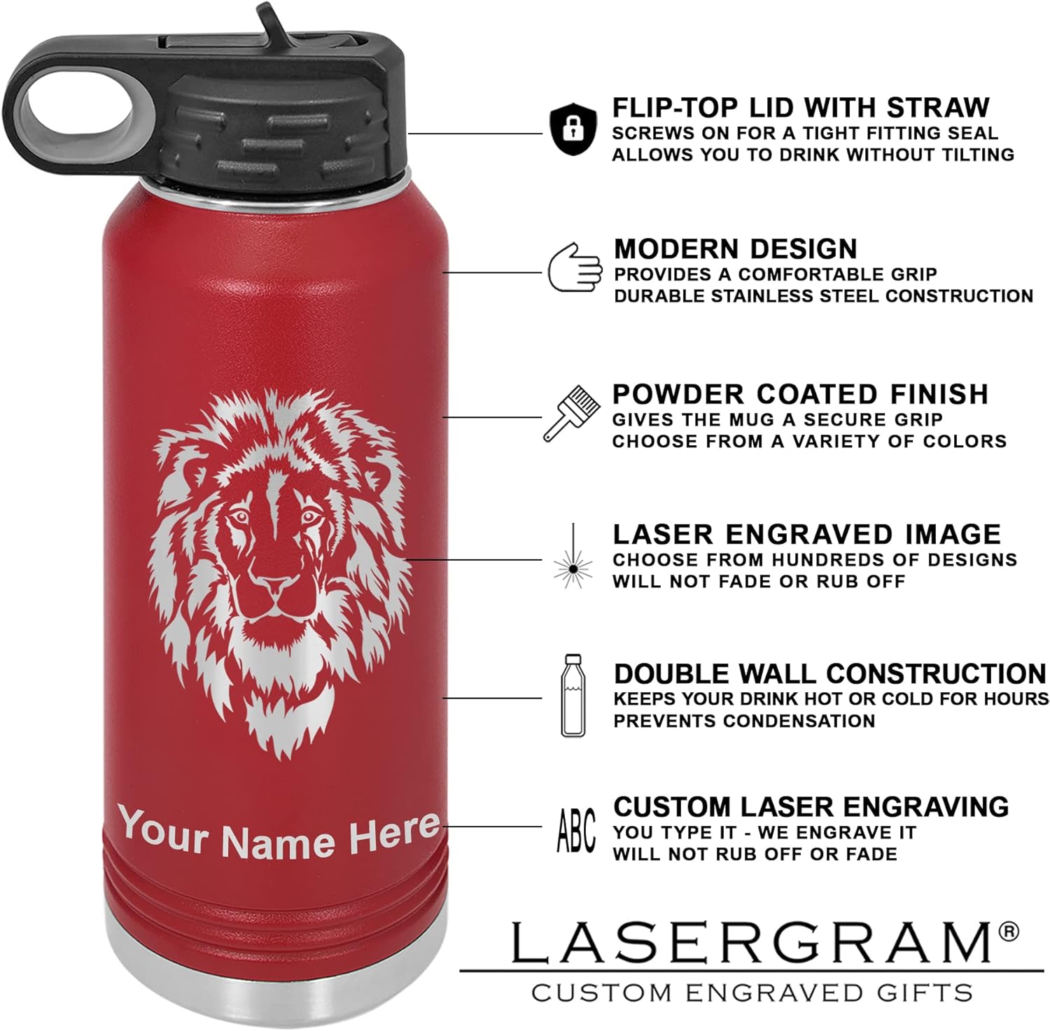 LaserGram Botella de agua de doble pared con tapa abatible de 40 onzas con pajilla, pelota de voleibol, grabado personalizado incluido (granate)