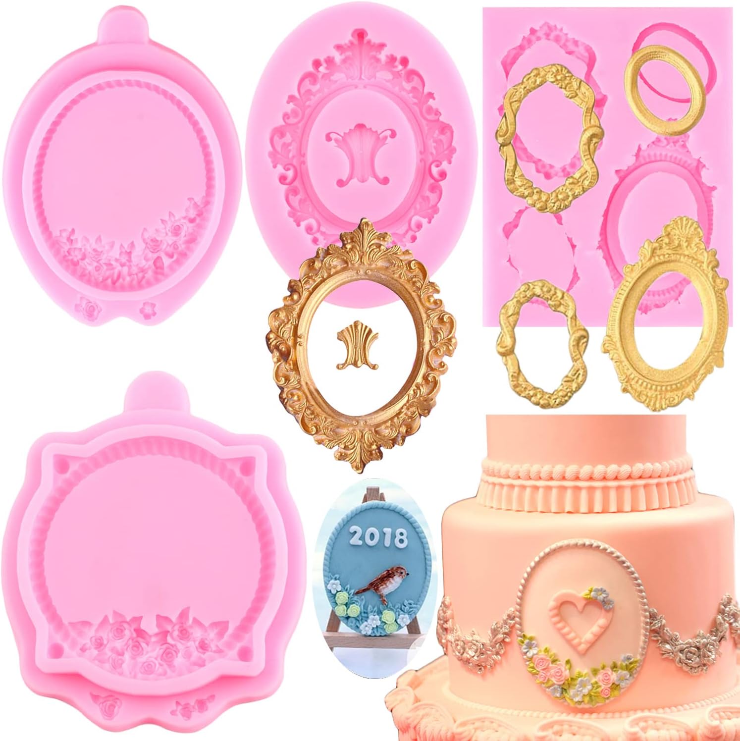 Mujiang Molde de silicona para fondant de estilo barroco para cupcakes, marco de fotos para decoración de pasteles, decoración de cupcakes, arcilla