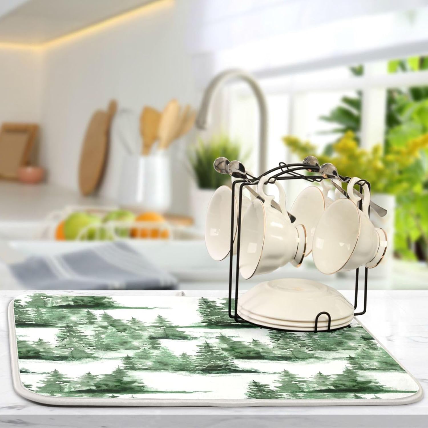 Winter Green Dish Drying Mat Washnable Absorbent Kitchen Countertop Mat Drying Matts For Dishes Tapete Para Cocina 16” x 18”