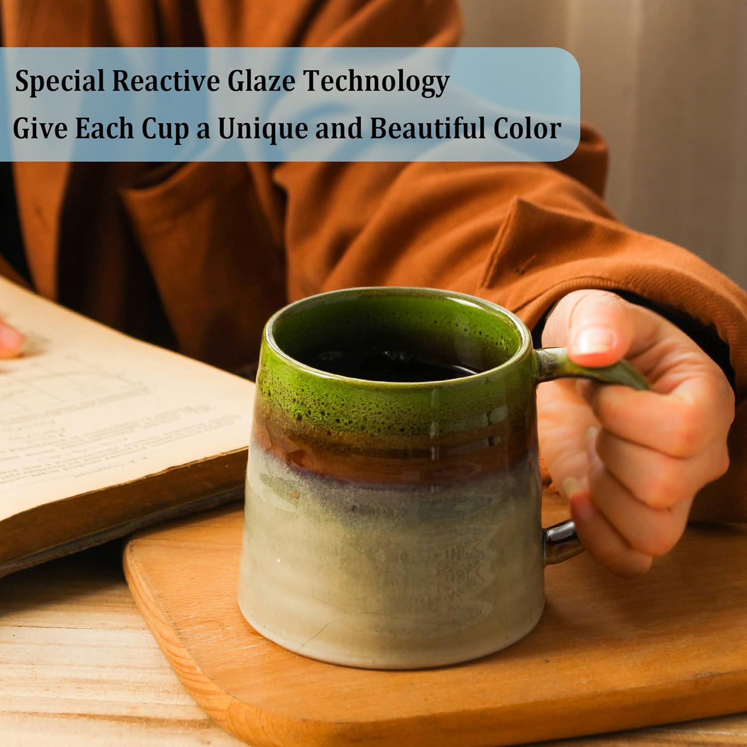 masoline Taza de café grande de cerámica, tazas de cerámica hechas a mano, tazas de té con mango grande para oficina y hogar, 15.5 onzas, aptas para