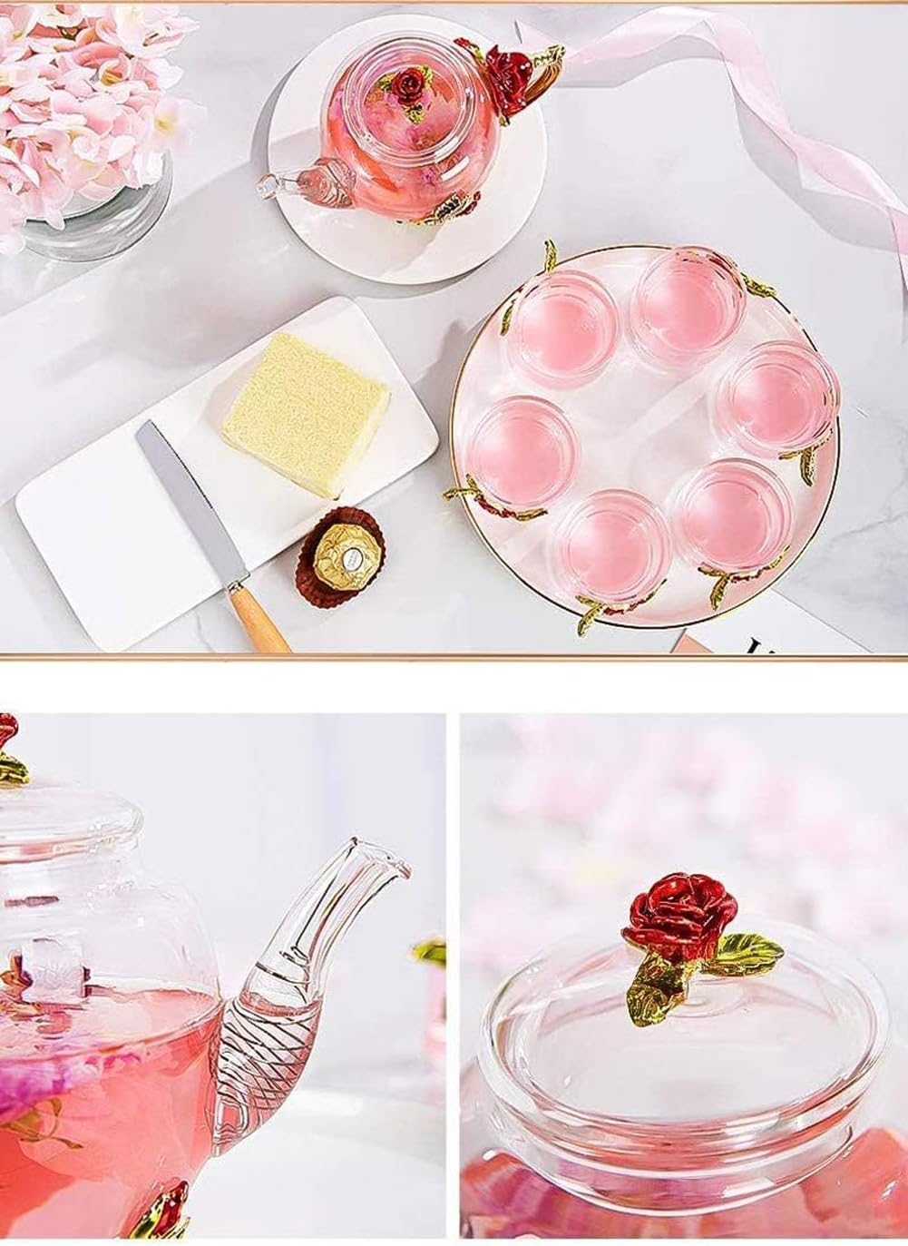 Tetera creativa de cristal de flores para té de Kung Fu, buen regalo para hermana, mamá, abuela, profesores (rosa roja)