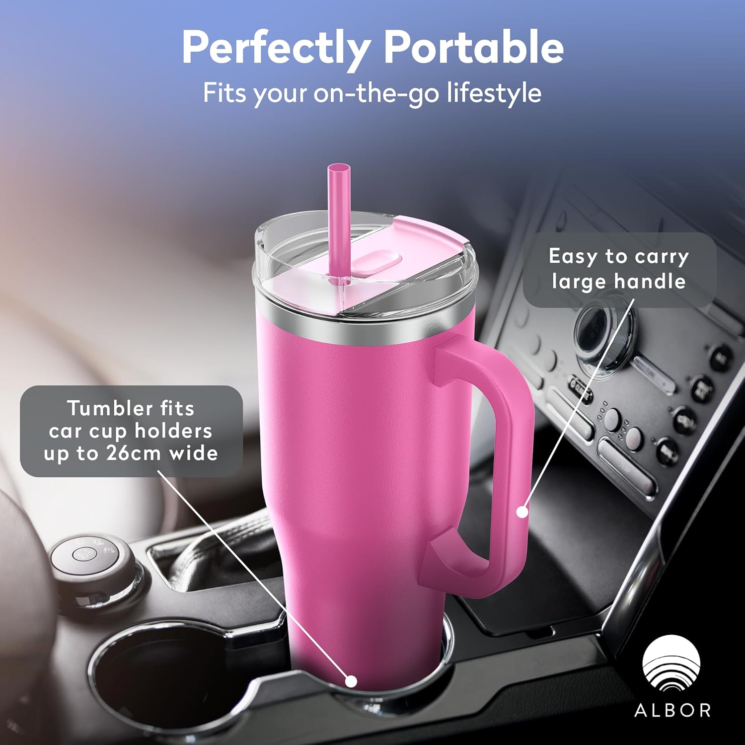 ALBOR Vaso de 40 oz con tapa y popote, vaso aislado de acero inoxidable duradero con asa, a prueba de fugas, botellas de agua a prueba de derrames