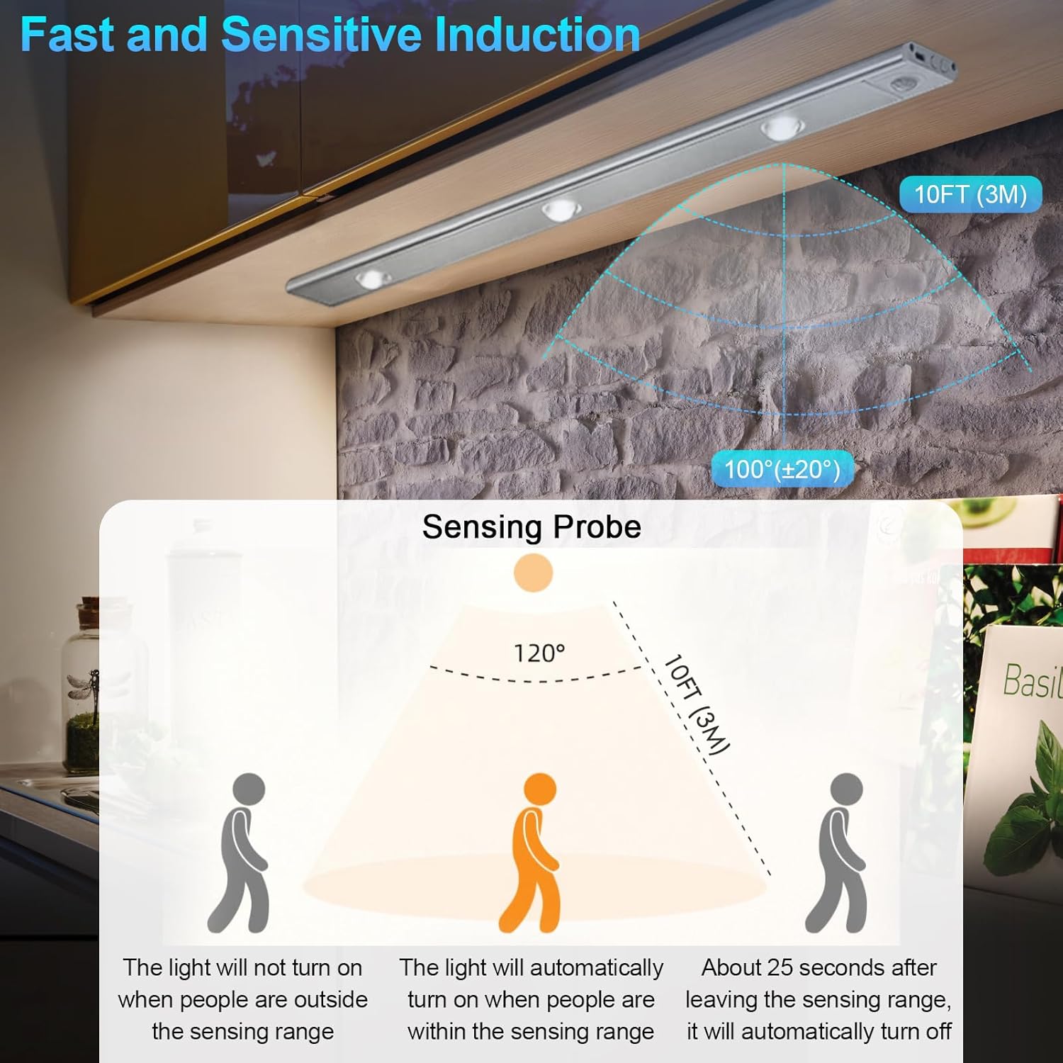 Luz LED para debajo del gabinete, 3 colores, sensor de movimiento, luz de armario, paquete de 2 luces regulables, funciona con pilas, luces para
