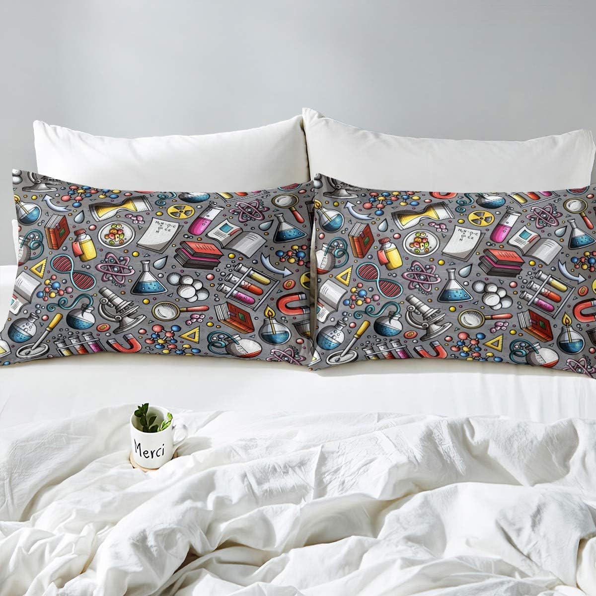 Juego de ropa de cama de laboratorio de química para niños, adolescentes, niños, jóvenes, tubo de ensayo, microscopio escolar, graffiti, sábana