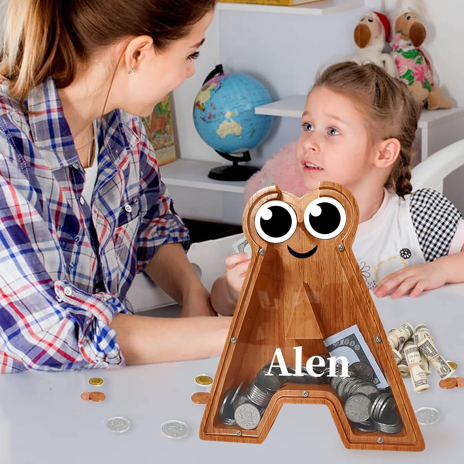 Alcancía de madera, alcancía de letras personalizadas (9.1 pulgadas, grabado láser), caja de dinero de madera, alcancía de regalo para niños, regalo