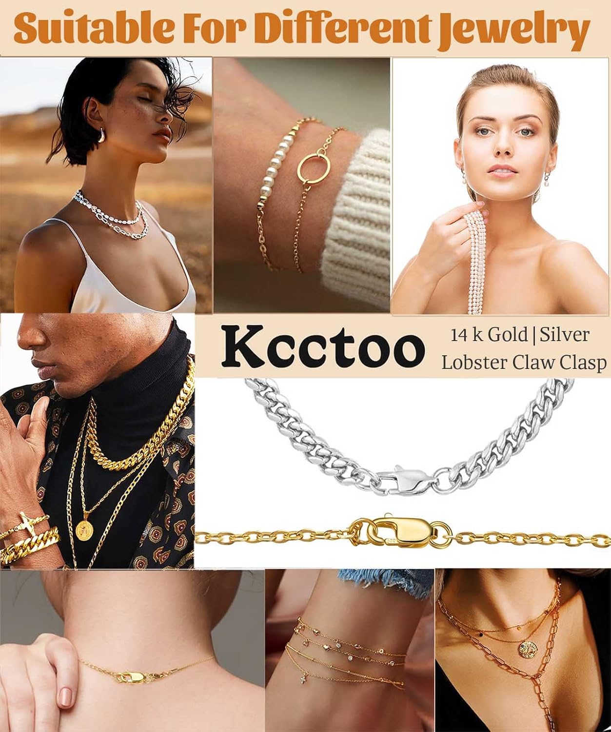 Kcctoo Cierre de pinza de langosta de plata con anillos de salto cerrados de oro de 14 quilates, cierres y cierres para la fabricación de joyas,