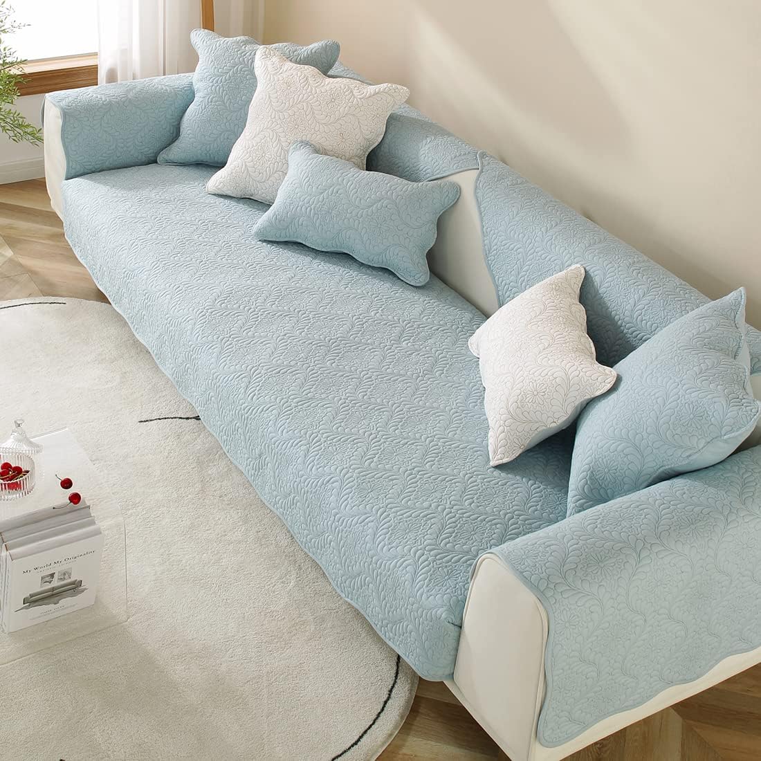 vctops Funda acolchada de algodón bordado para sofá, color liso, antideslizante, suave, lavable, protector de muebles para perros, niños y mascotas