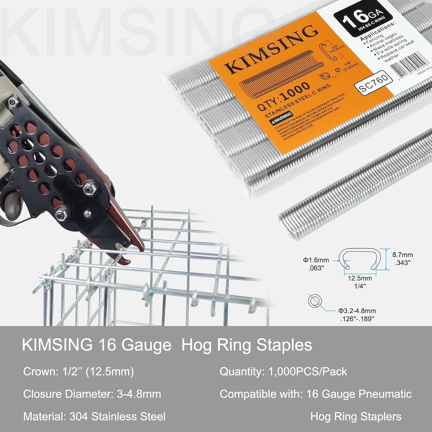 KIMSING SC760 – Juego de grapas de anillo en C de acero inoxidable con corona de 58 pulgadas, anillos en C, grapas de cerdo de alambre, sujetadores