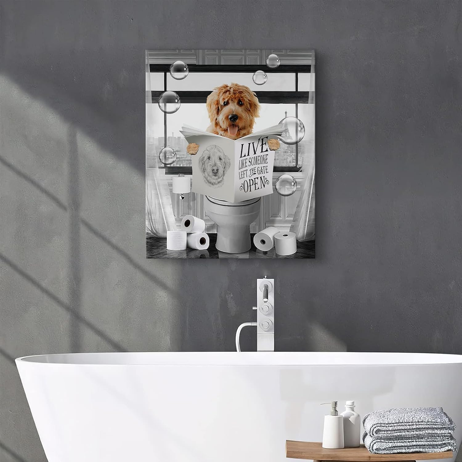 Divertido perro sentado en el inodoro, decoración de baño, arte de pared, cuadros de perros en blanco y negro, pintura de animales para baño, baño,