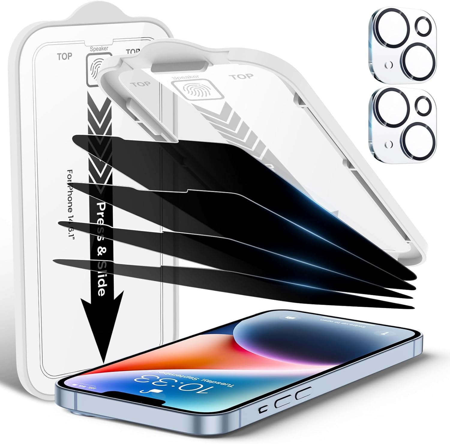 Paquete de 4 protectores de pantalla de privacidad para iPhone 14 6.1 pulgadas con 2 protectores de lente de cámara, protección contra caídas