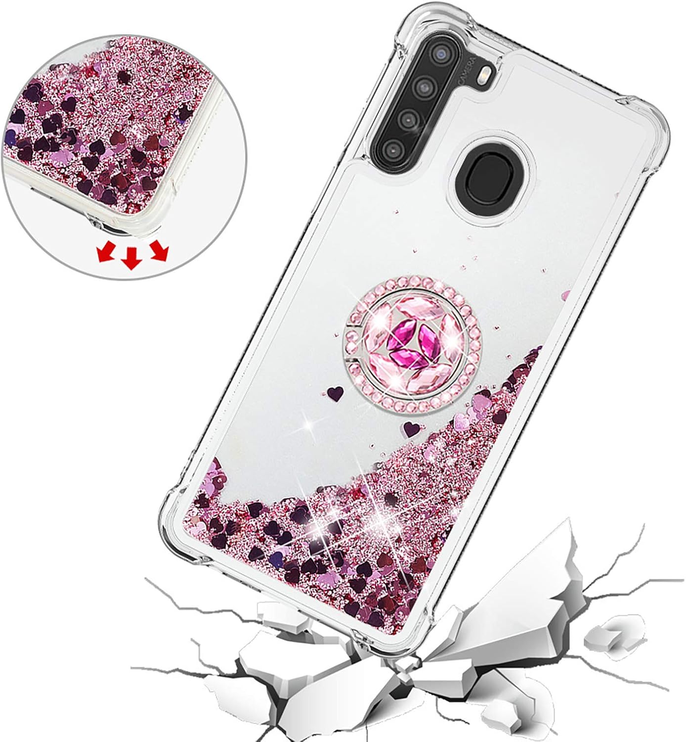 Asuwish Funda de teléfono para Samsung Galaxy A21 con protector de pantalla y soporte para anillo, purpurina líquida brillante, transparente,