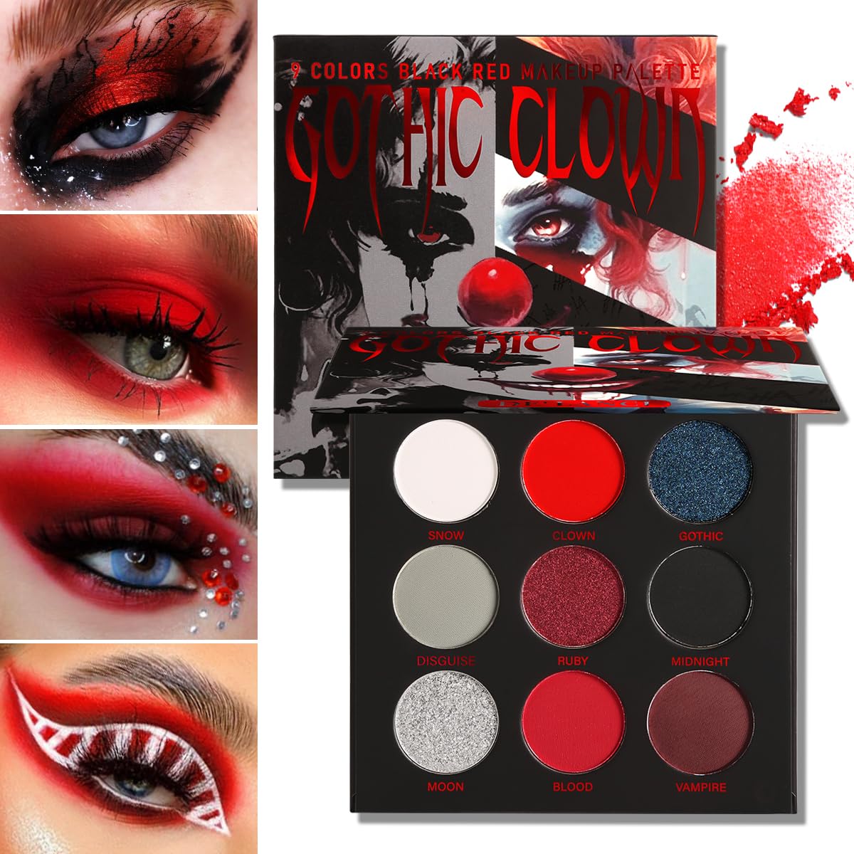 Afflano Paleta de sombras de ojos negra y roja, maquillaje de payaso gótico de Halloween, paleta de sombra de ojos blanca plateada con purpurina