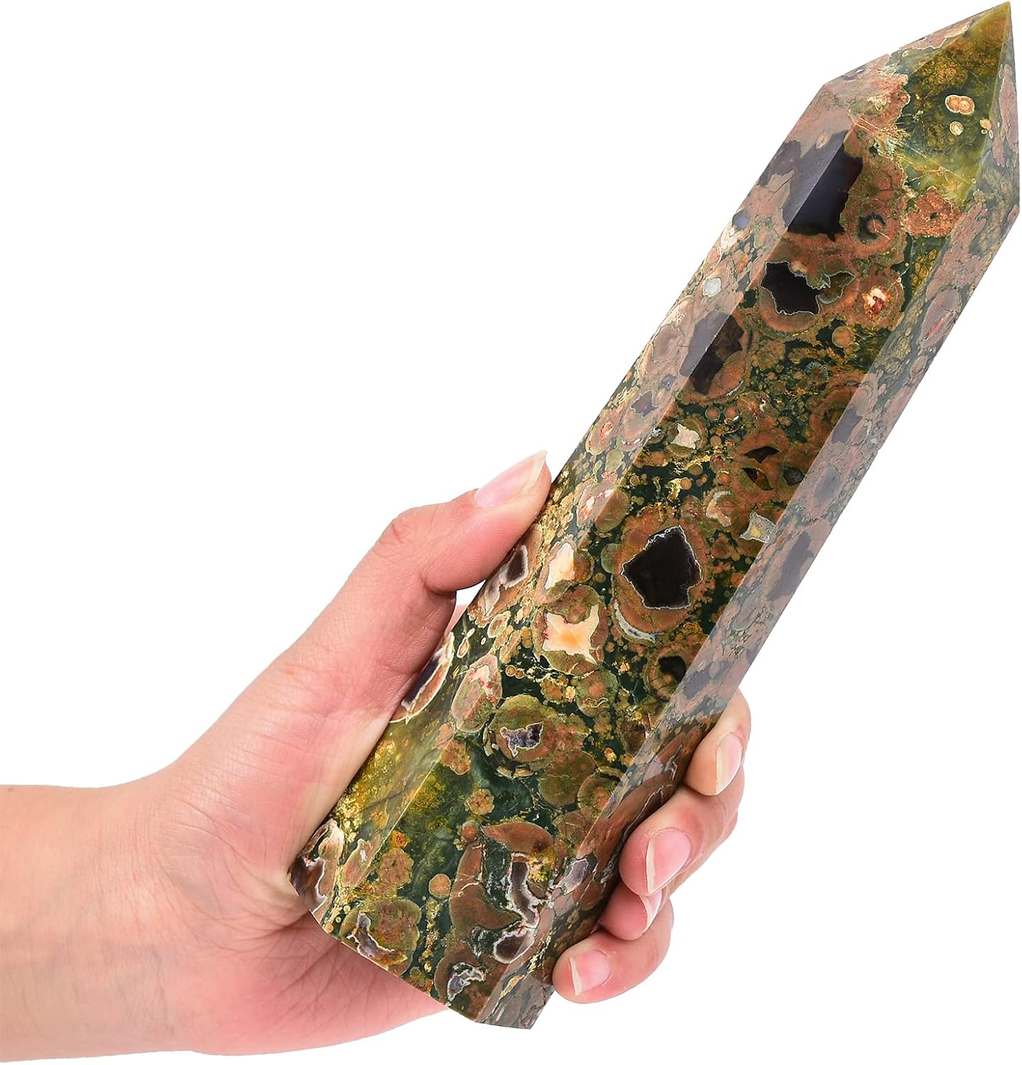 AMOYSTONE Varita de jaspe de bosque lluvioso, columna hexagonal de cristal curativo, varita de cristal irregular natural, 6 puntos, torre de jaspe