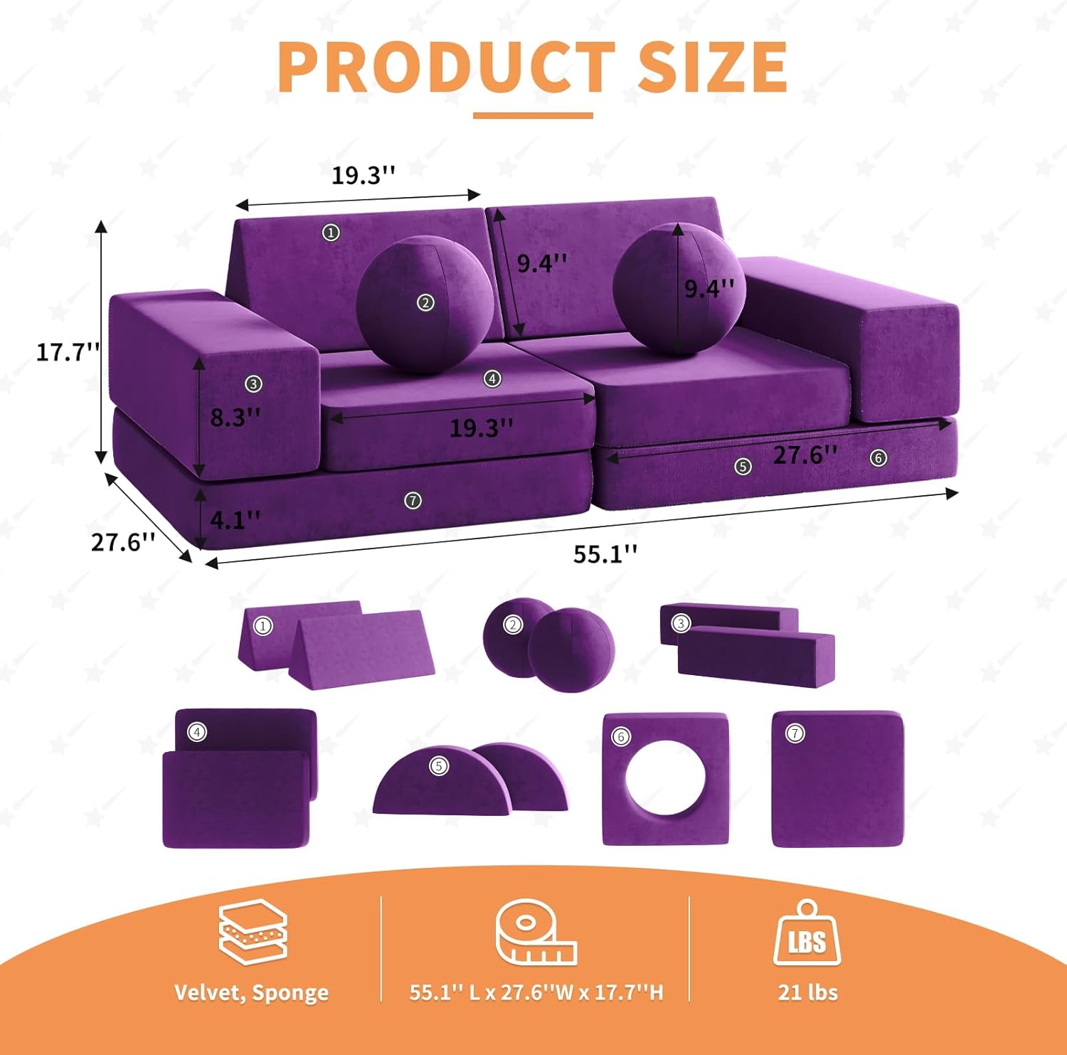 Sofá infantil modular de 12 piezas con 2 bolas y túnel, sofá plegable para niños para sala de juegos, sala de estar, dormitorio, sofá modular para