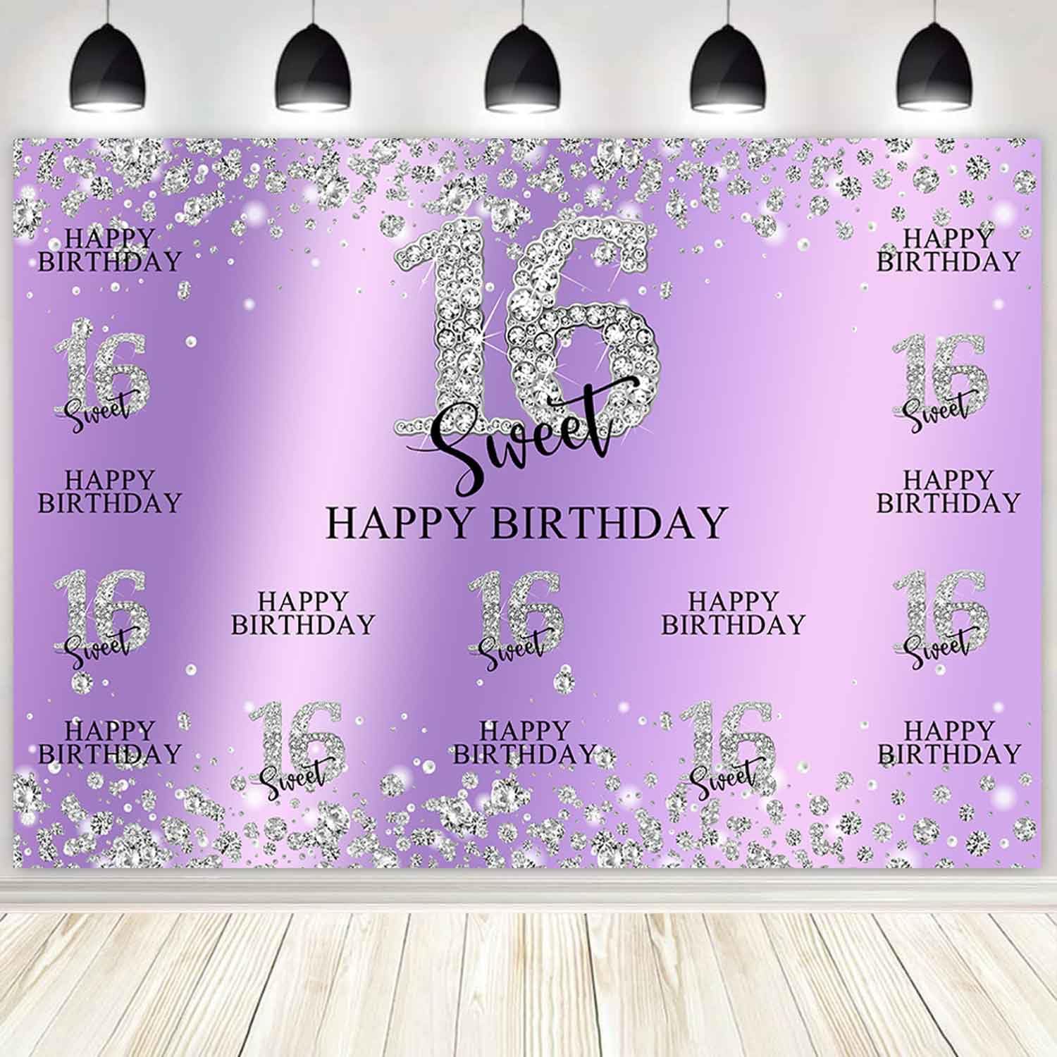 Sensfun Telón de fondo para fiesta de cumpleaños de 16 años, morado y plateado, decoración de dulces dieciséis dulces, diamantes con purpurina,