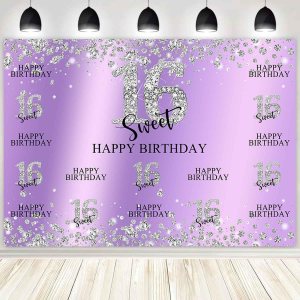 Sensfun Telón de fondo para fiesta de cumpleaños de 16 años, morado y plateado, decoración de dulces dieciséis dulces, diamantes con purpurina, Sensfun Telón de fondo para fiesta de cumpleaños de 16 años, morado y plateado, decoración de dulces dieciséis dulces, diamantes con purpurina,