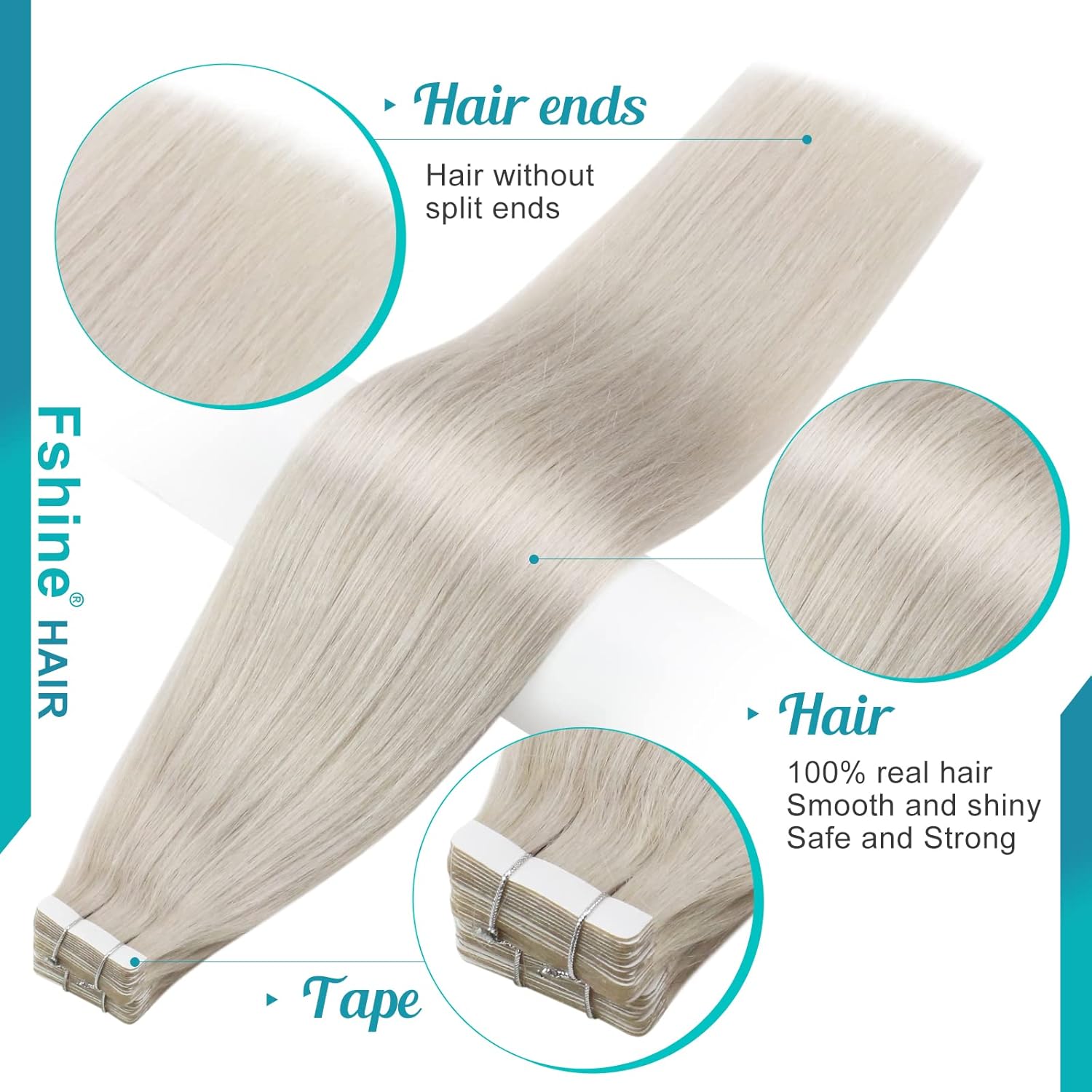 Fshine Extensiones de cabello humano Remy con cinta adhesiva, color rubio blanco, extensiones de cabello natural, sedosas, lacias, rubias, suaves y