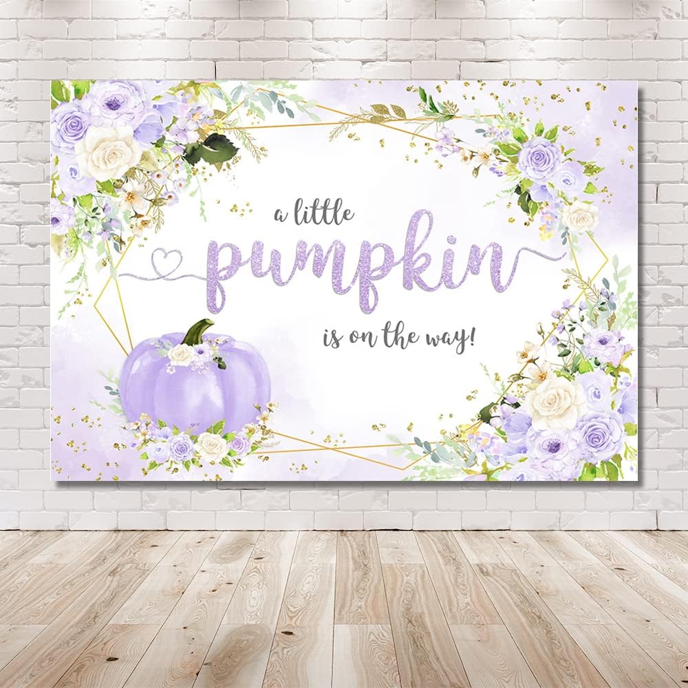 MEHOFOND Telón de fondo de calabaza de otoño de 7 x 5 pies para niña, baby shower, decoración de fiesta floral morado para bebé, niña, decoración de