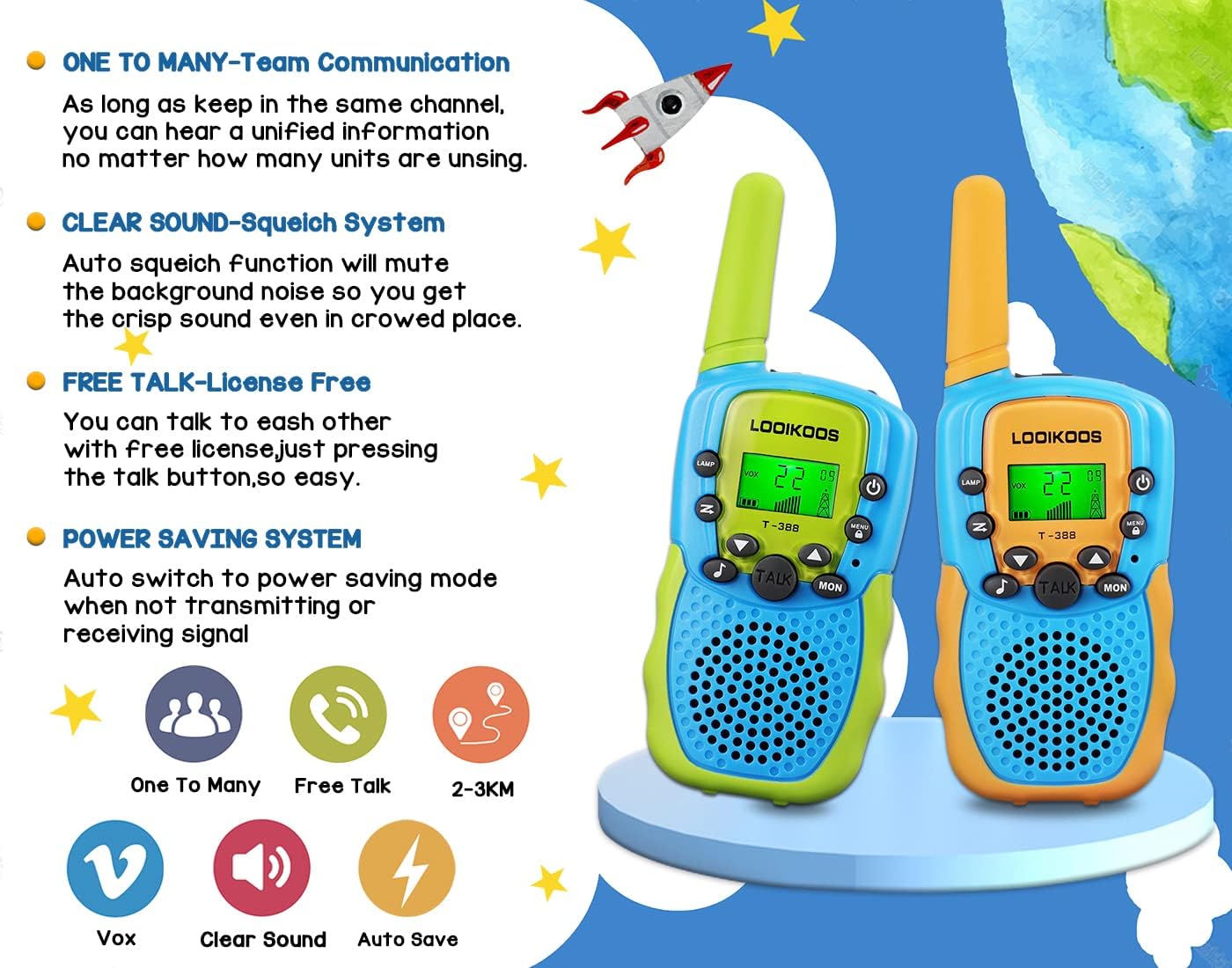 LOOIKOOS Walkie Talkies para niños, radio Walky Talky de largo alcance de 1.9 mi de juguete para niños y niñas, paquete de 3