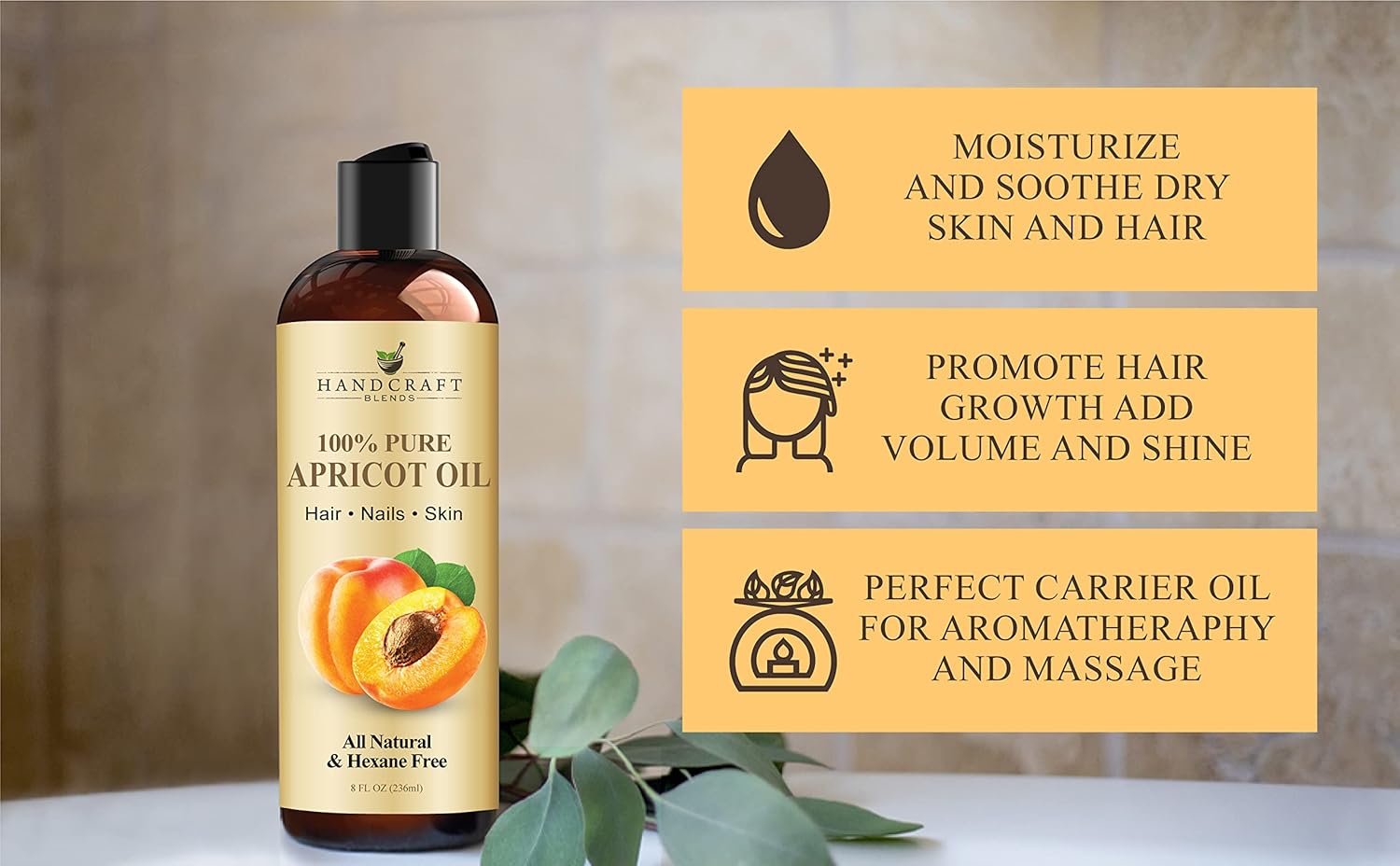 Handcraft Blends Aceite de albaricoque 100% puro y natural, aceite de albaricoque portador prensado en frío de alta calidad para aromaterapia,