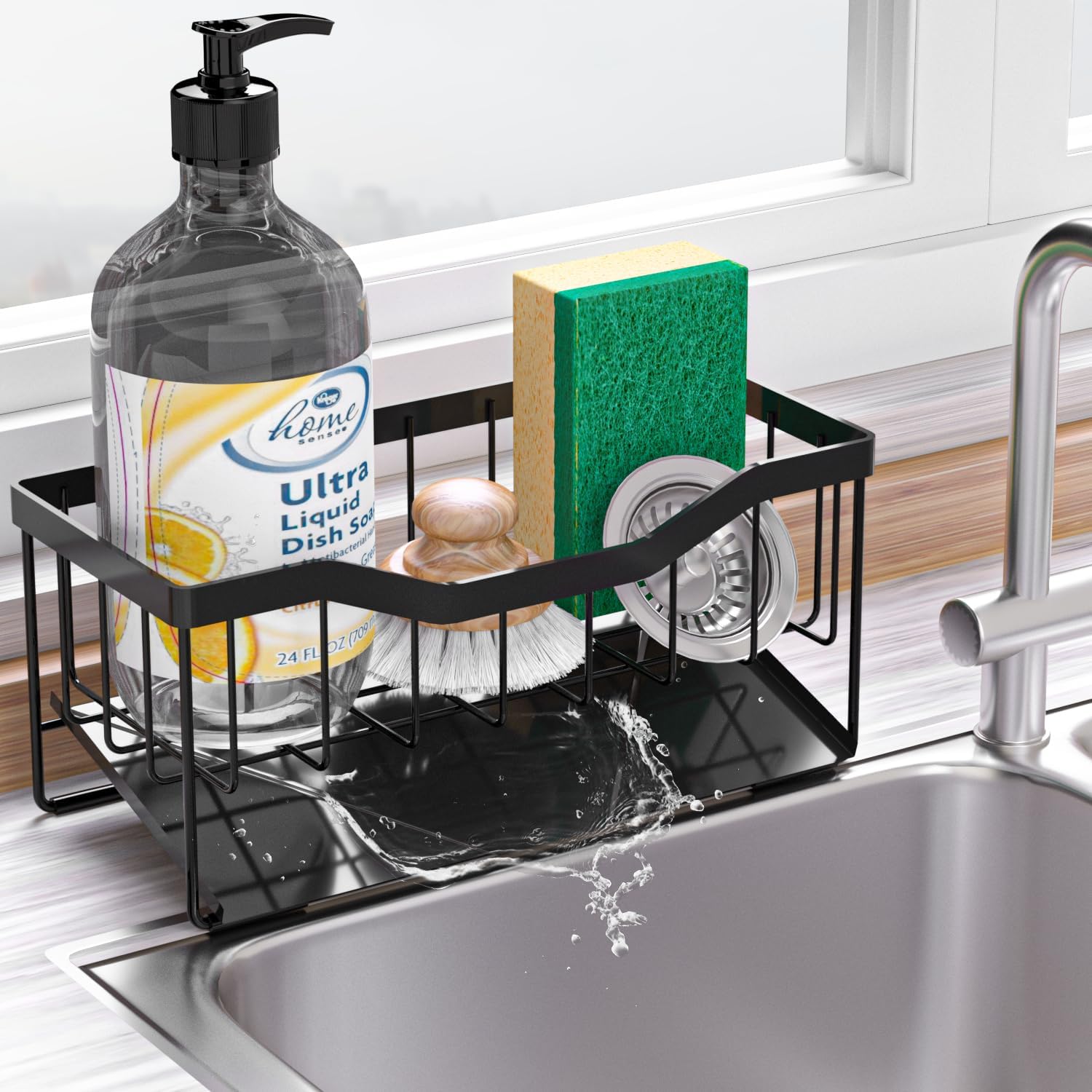 Soporte de esponja para fregadero de cocina con bandeja de drenaje automático, organizador de fregadero de cocina, organizador de cocina,