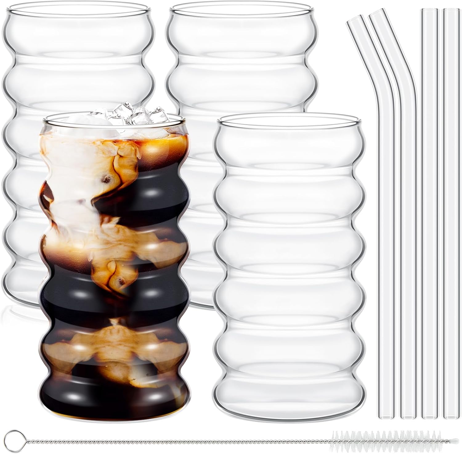Tessco 4 vasos creativos de vidrio vintage, vasos acanalados de cristalería estética, vajilla de entretenimiento con pajitas, juego de vasos para