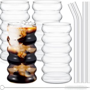 Tessco 4 vasos creativos de vidrio vintage, vasos acanalados de cristalería estética, vajilla de entretenimiento con pajitas, juego de vasos para Tessco 4 vasos creativos de vidrio vintage, vasos acanalados de cristalería estética, vajilla de entretenimiento con pajitas, juego de vasos para