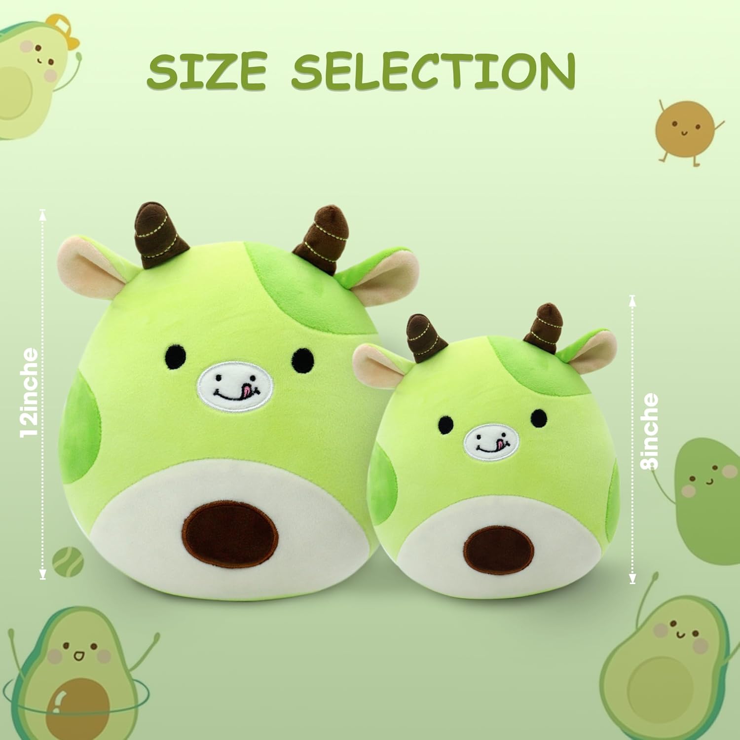 Almohada de peluche de vaca de aguacate, bonito animal de peluche suave, decoración para niños y niñas, color verde, 8 pulgadas