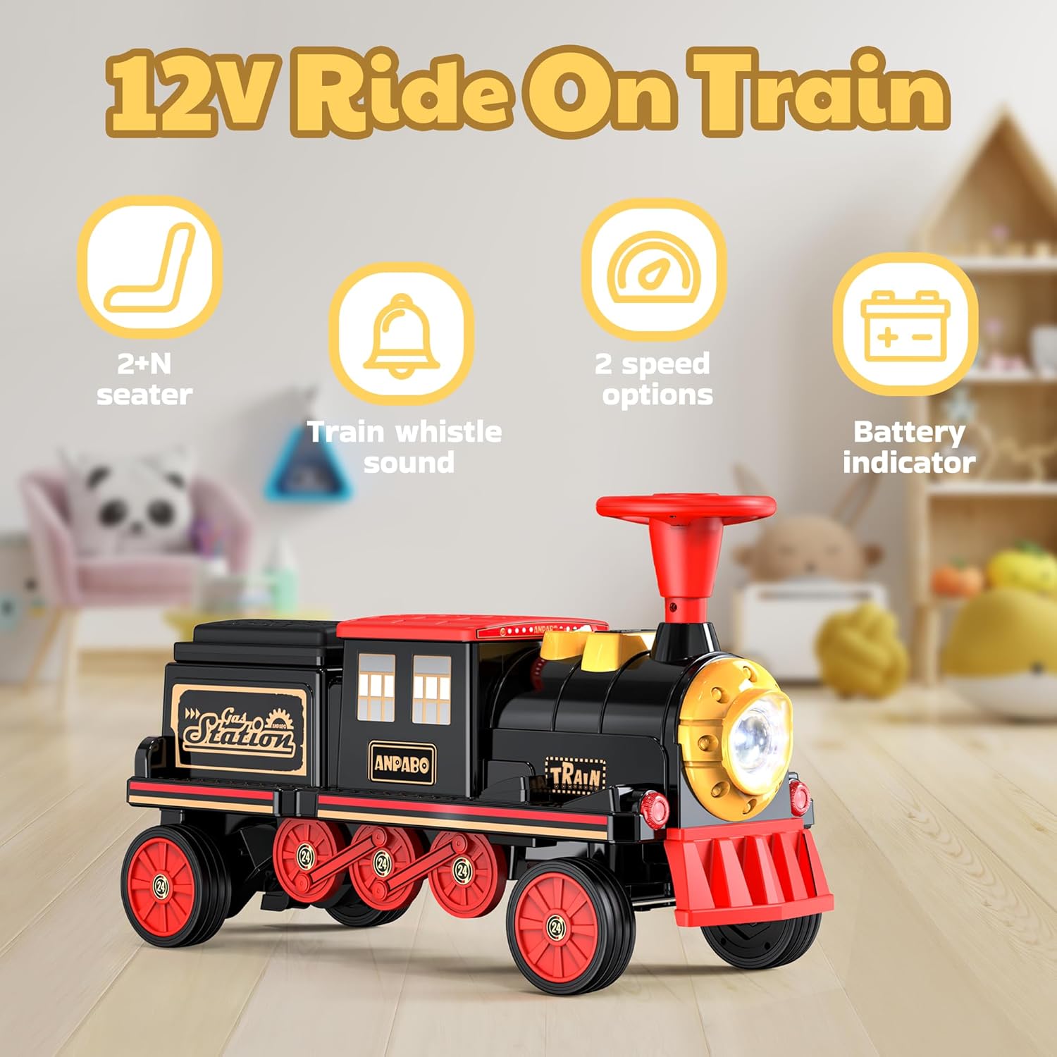 ANPABO Tren de 2 plazas sin pistas, juguete de 12 V con asiento ajustable en altura, almacenamiento adicional, faro, silbato de tren y música,