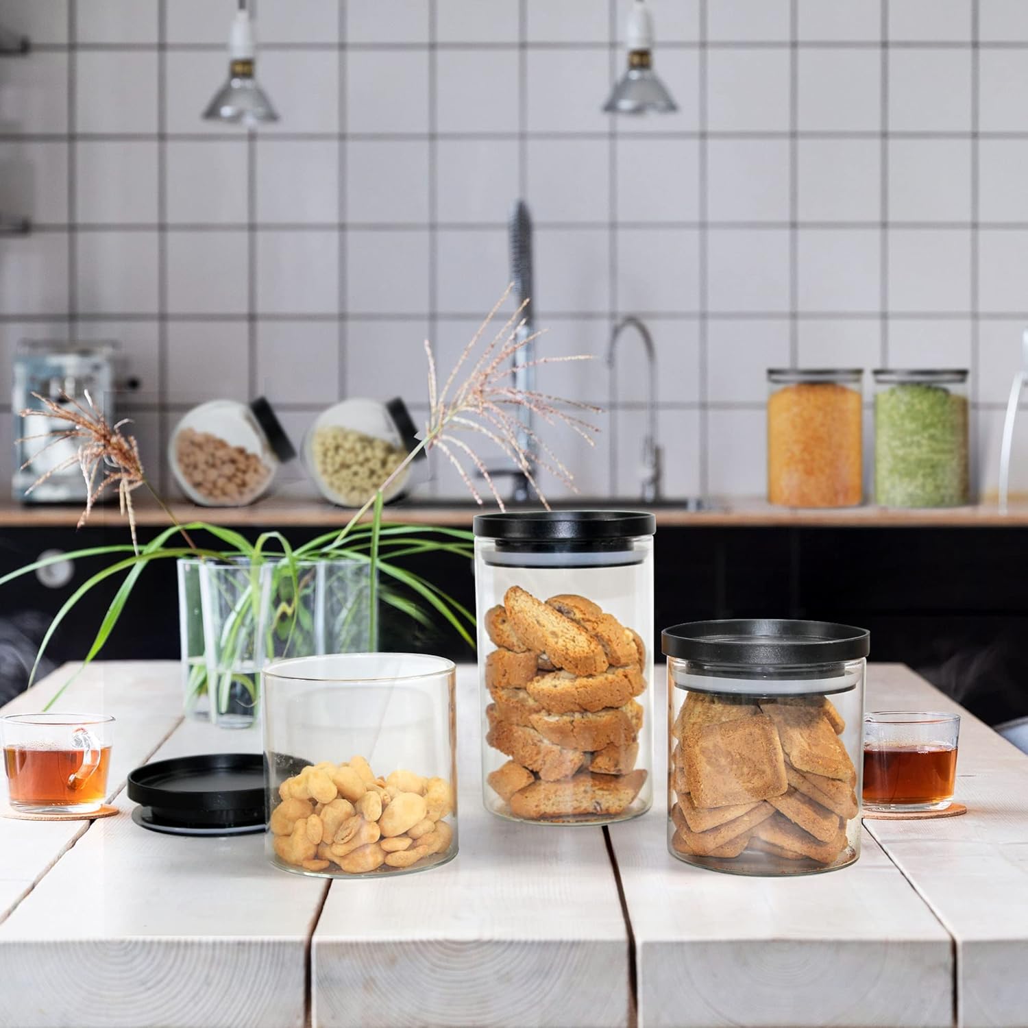 Tarros de vidrio con tapas negras, recipientes de almacenamiento de alimentos con tapas apilables, juegos de tarros de alimentos y recipientes,