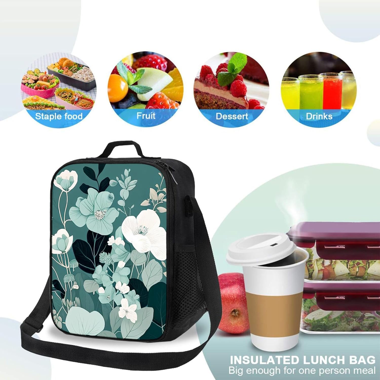 Lonchera con diseño de flores en color verde azulado claro, aislada, reutilizable, bolsa de almuerzo para mujeres y hombres, trabajo, picnic,
