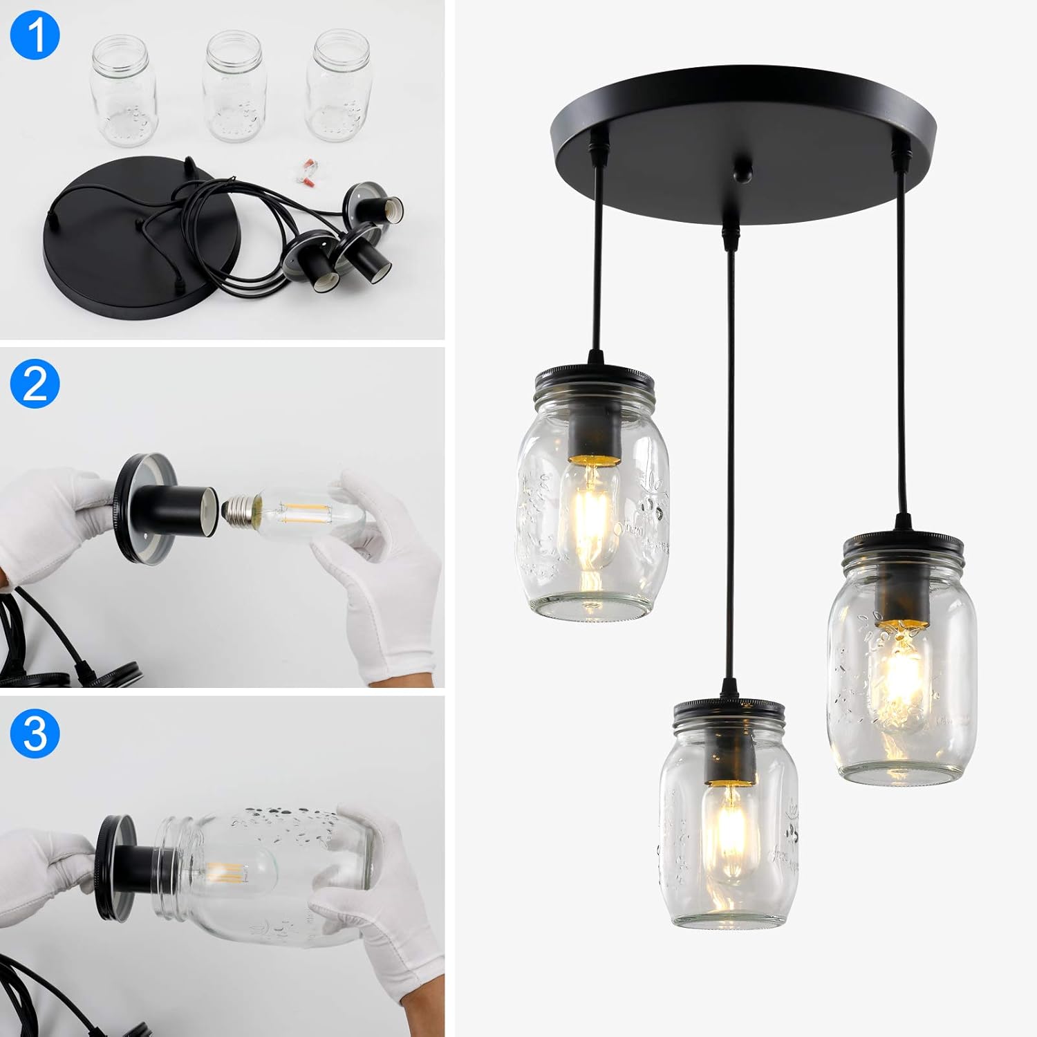 Lámparas de tarro de masón, 3 luces de casa de campo, lámpara colgante de tarro de cristal lámpara de techo ajustable para cocina, comedor, pasillo