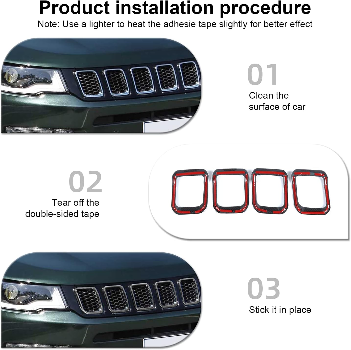 CheroCar para Jeep Compass Rejilla Insertos Cubierta de parrilla delantera Accesorios exteriores para Jeep Compass 2021-2023, fibra de carbono..