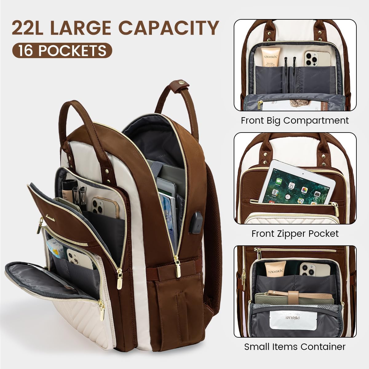 LOVEVOOK Mochila para laptop para mujer, mochila de trabajo de moda con puerto USB, mochilas impermeables para el trabajo., Marrón -beige, Moda
