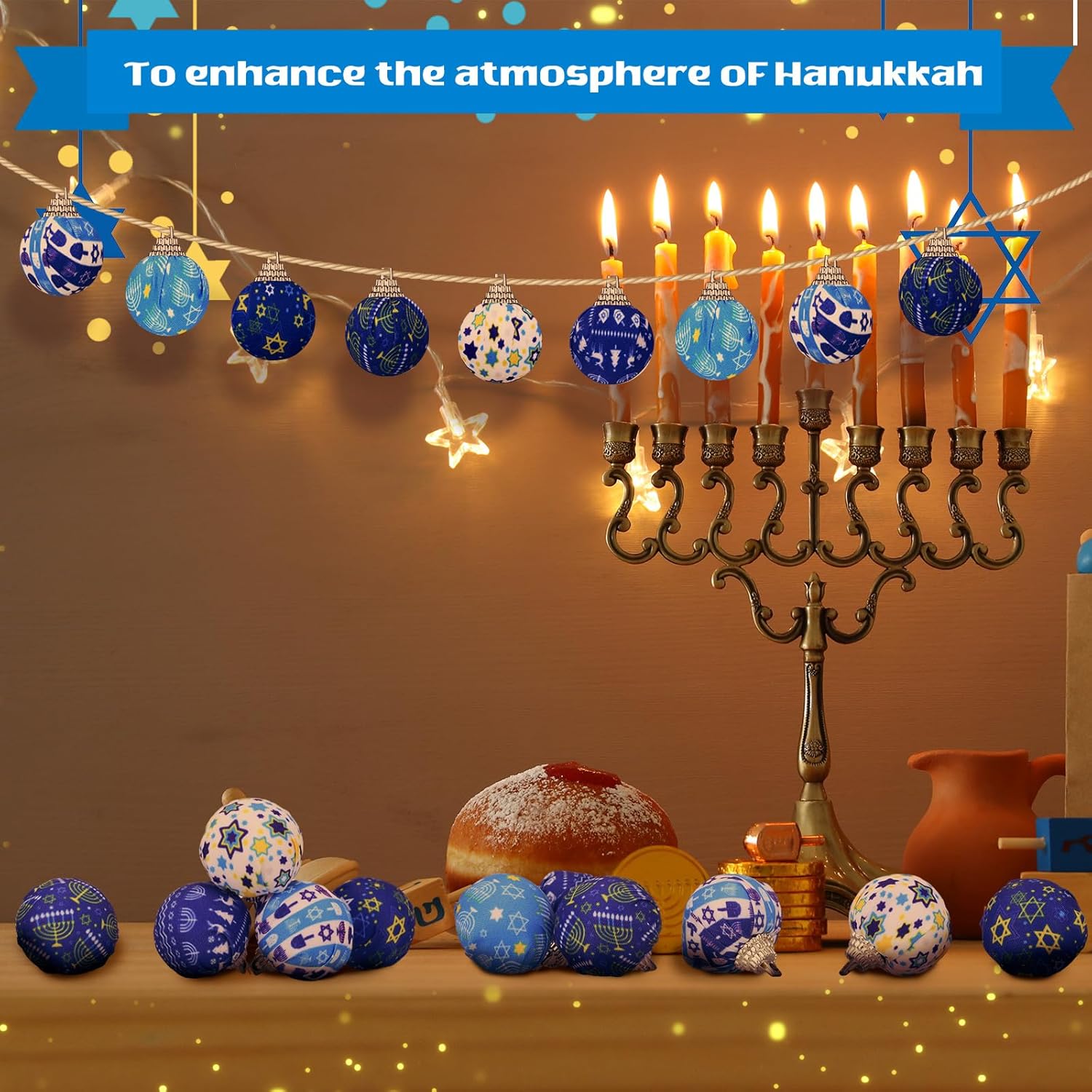 24 adornos de bola de Hanukkah, adornos de árbol de Hanukkah, adornos azules y blancos, decoración de árbol de Navidad para Hanukkah, fiesta de