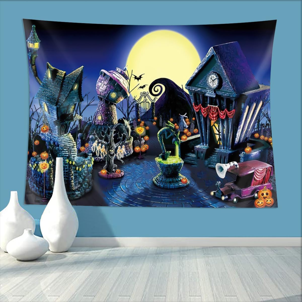 Apiawa Tapiz de luna llena, telón de fondo para fiesta temática de pesadilla, antes de Navidad, fotografía, noche y calabazas, decoración para