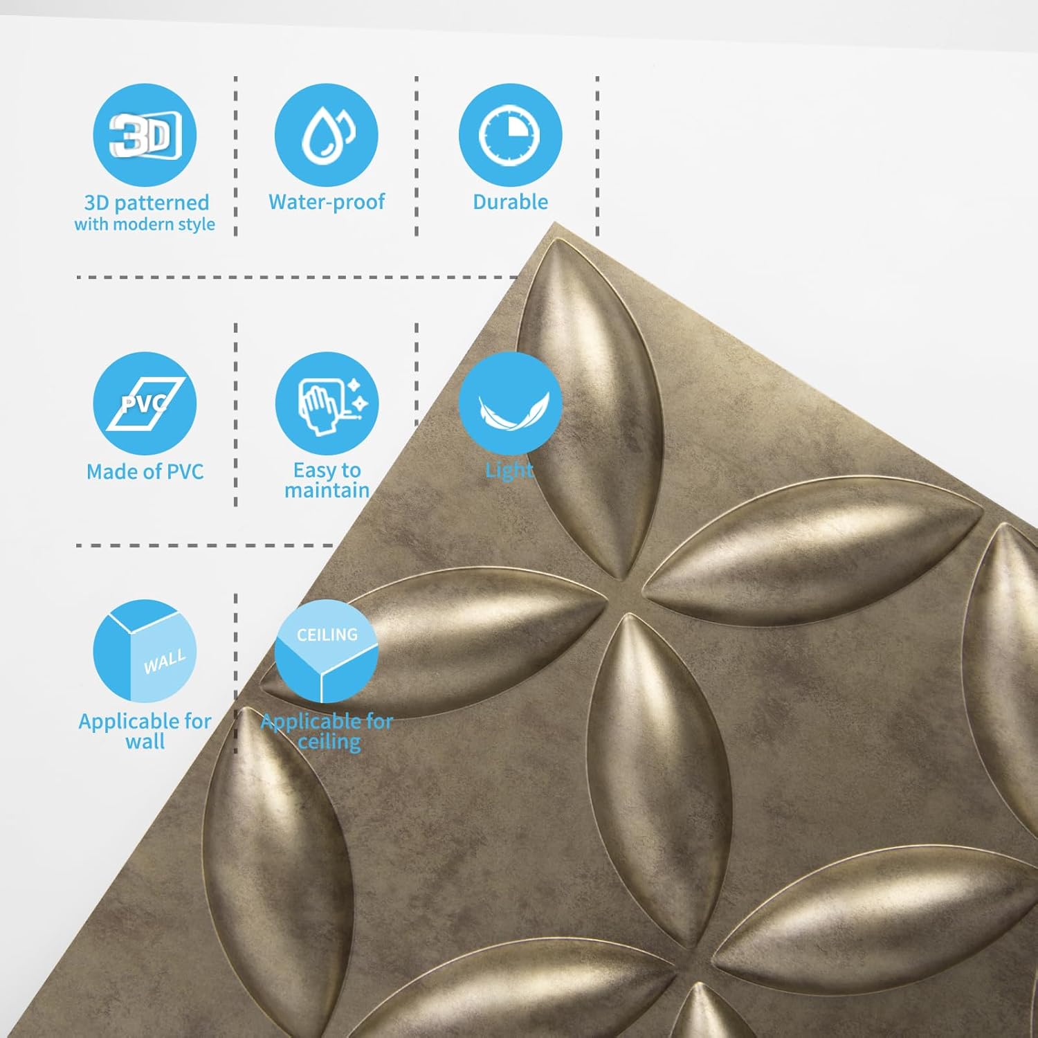 Art3d Paneles de pared 3D texturizados, paneles de pared de PVC para decoración de pared interior, paquete de 12 azulejos de 32 pies cuadrados, oro