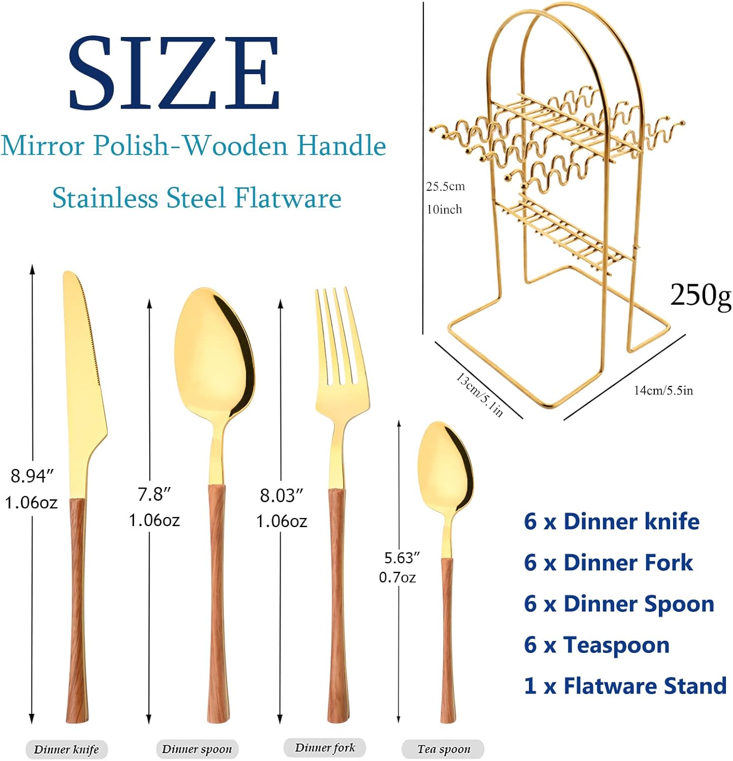 Juego de cubiertos colgantes de 24 piezas con soporte para cubiertos, cubiertos de acero inoxidable con mango de madera, utensilios de cocina para