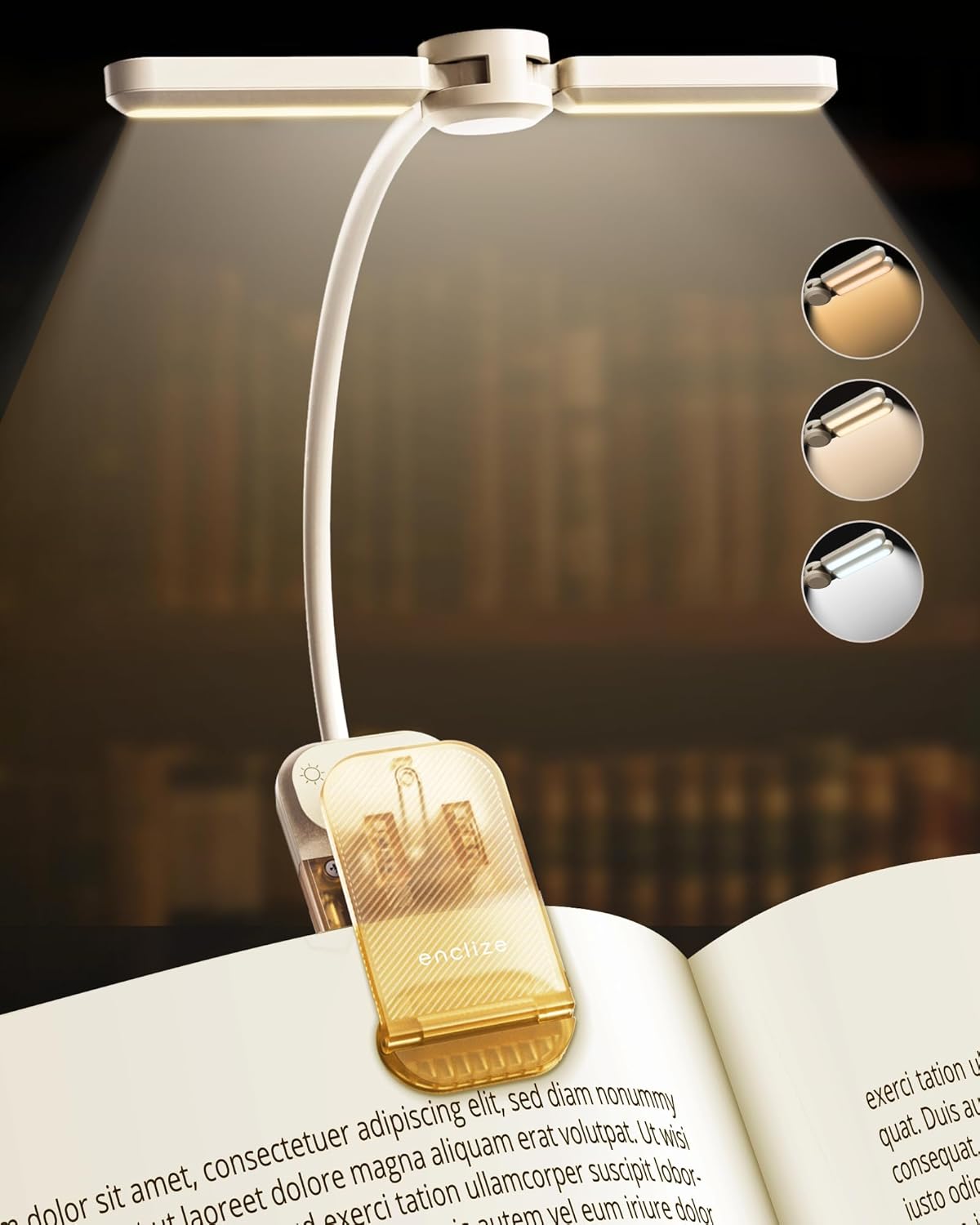 enclize Luz de lectura, luz recargable para leer en la cama, cabezal de luz ajustable de 180, cuidado de los ojos, temperatura de 3 colores y