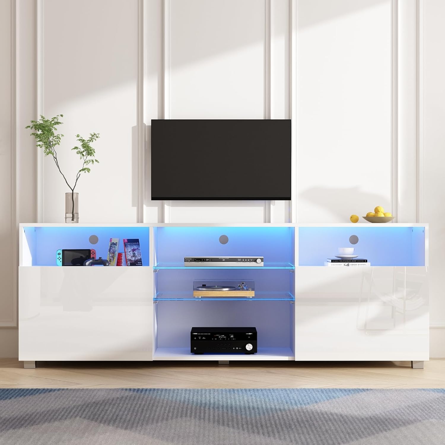 St.Mandyu Soporte de TV LED para TV de 6575 pulgadas, moderno centro de mesa de televisión con cajón y luces LED, centro de entretenimiento de alto