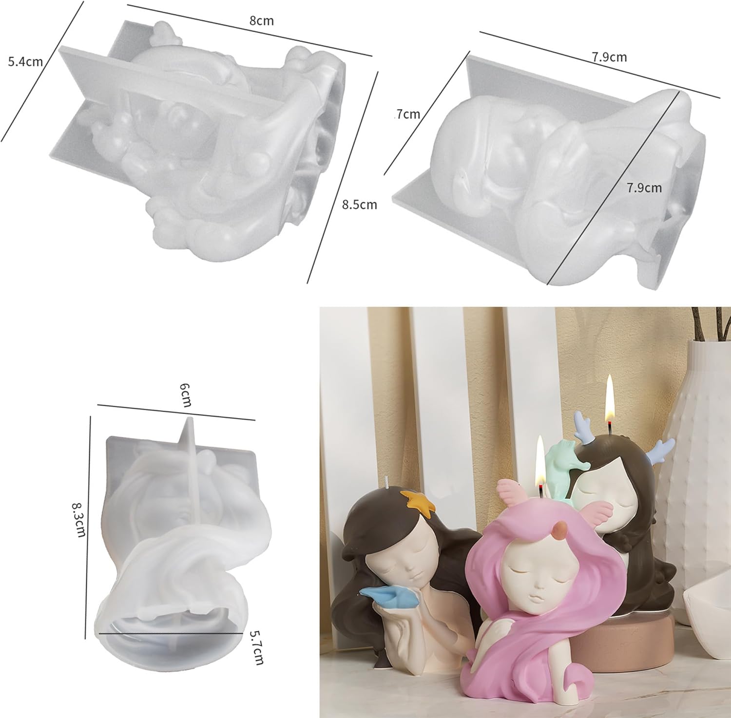 Molde de sirena de 3 piezas para dormir, molde de belleza para niña, moldes de fundición de resina hechos a mano para hacer velas de resina,