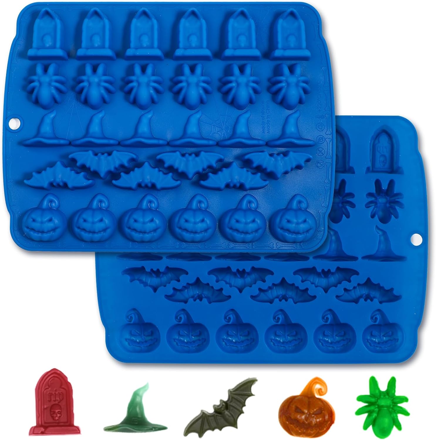 Moldes de dulces de Halloween, 2 piezas de 30 cavidades de Halloween de gomitas de chocolate, molde de silicona, azul